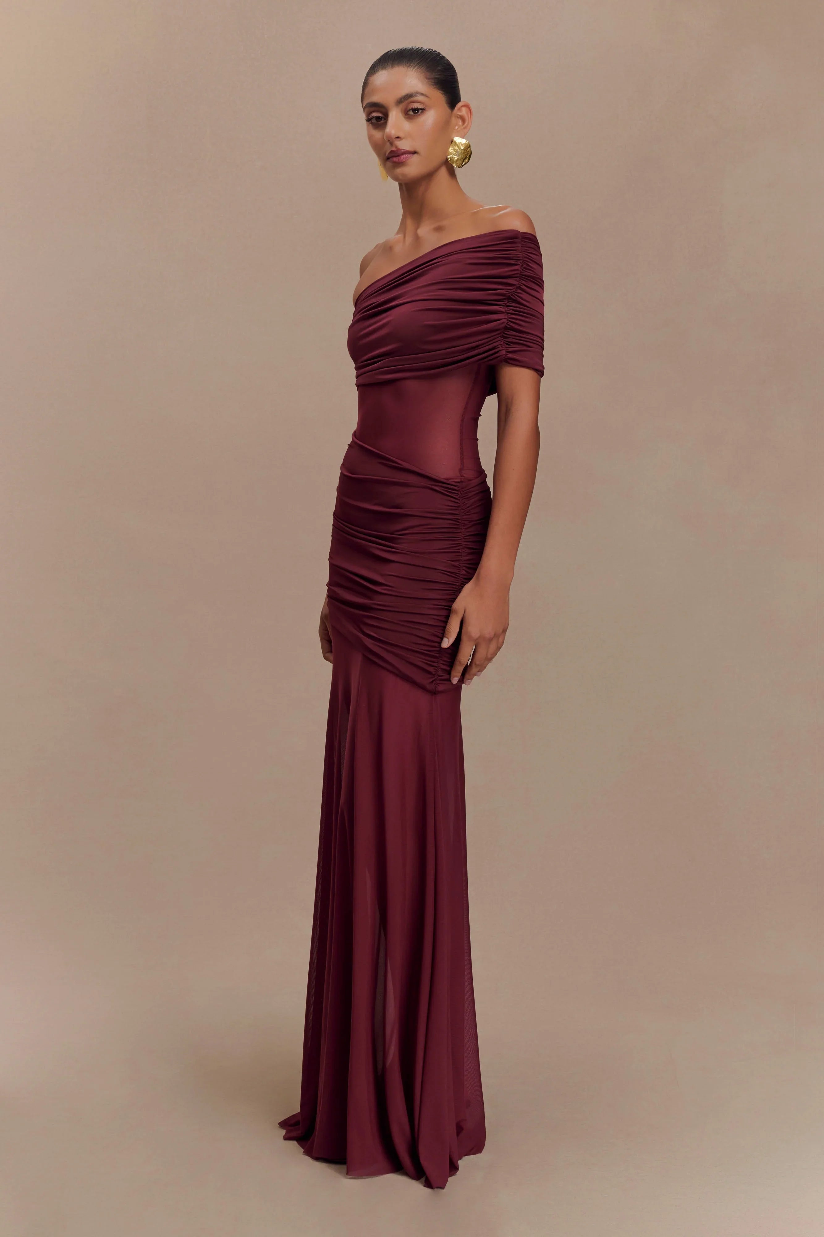 Dallas One Shoulder Mesh Maxi Dress Burgundy