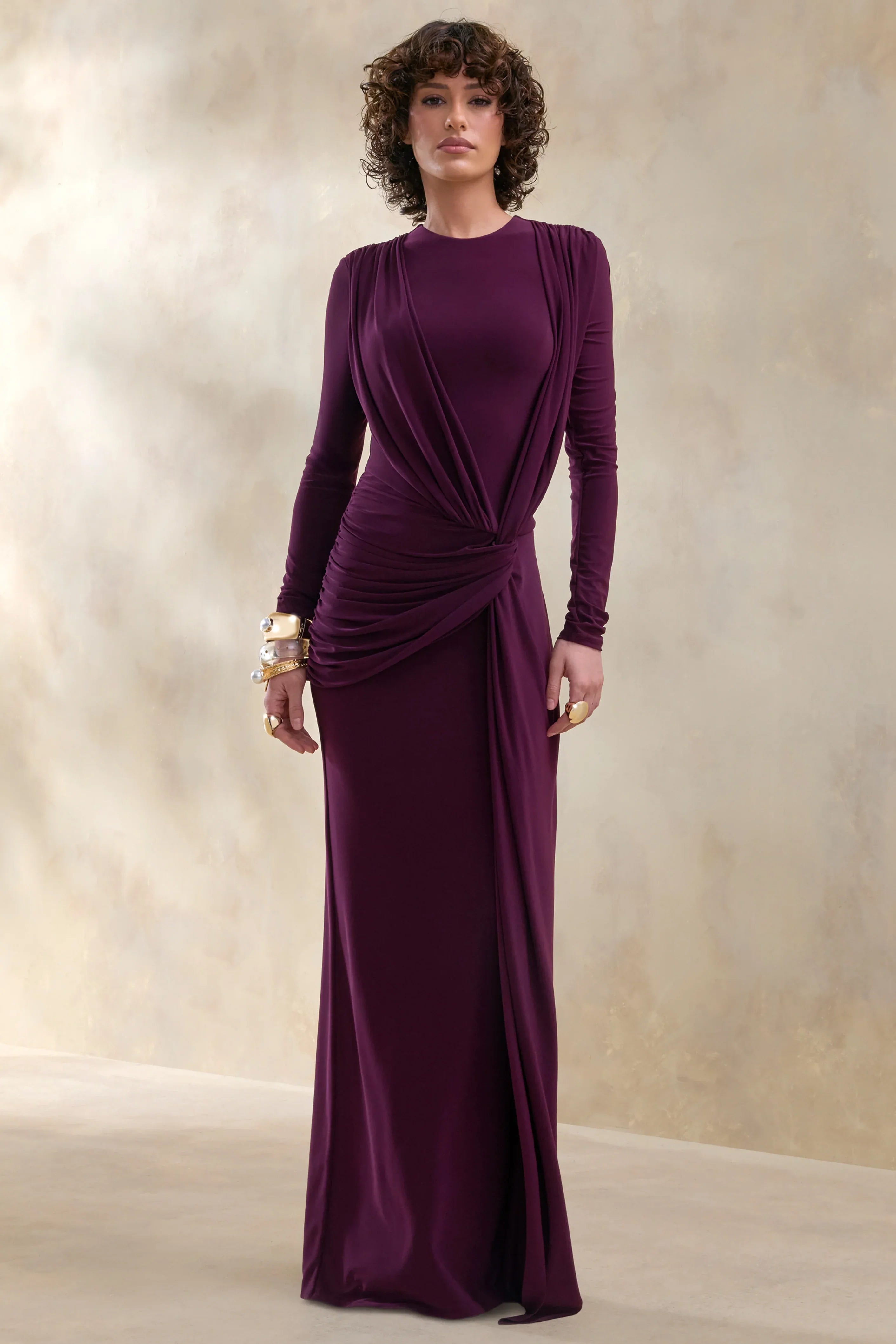 Desirelle Plum Crew Neck Maxi Dress With Gathered Detailing