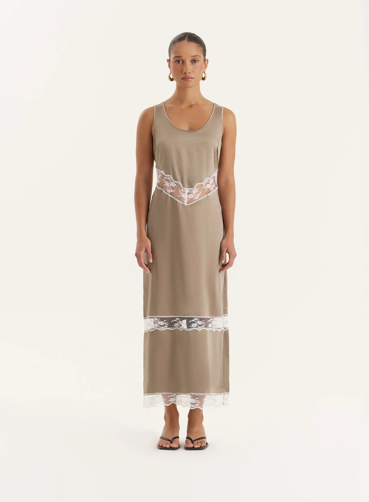 Khaki Satin Lace Cut Out Maxi Dress