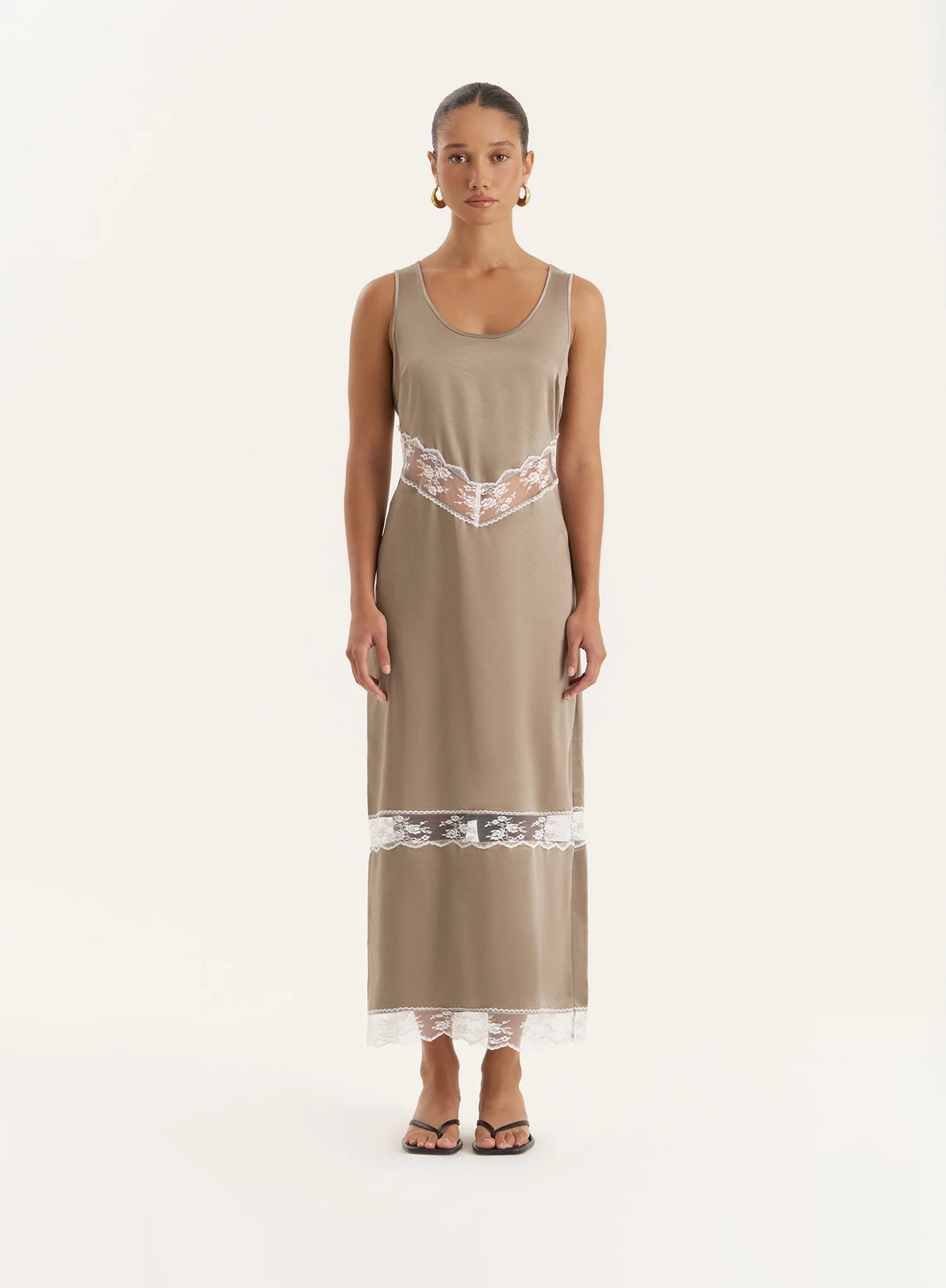Khaki Satin Lace Cut Out Maxi Dress