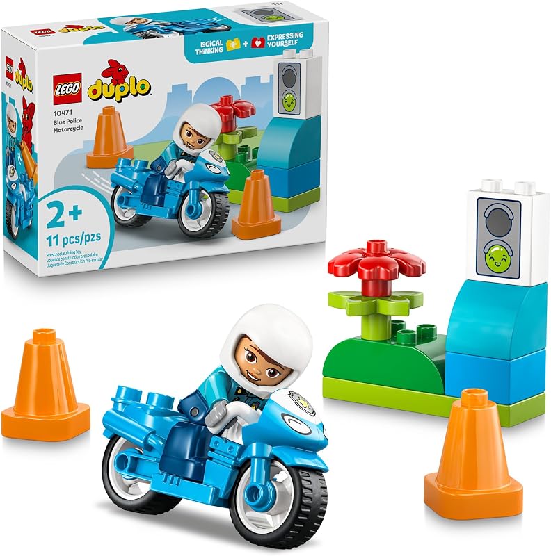 LEGO DUPLO Town Blue Police Motorcycle Building Toy for Toddlers Pretend Play Set Learning Toy for Boys Girls Ages 2 Building Blocks for Motor Skills Practice Gift for Birthdays 10471