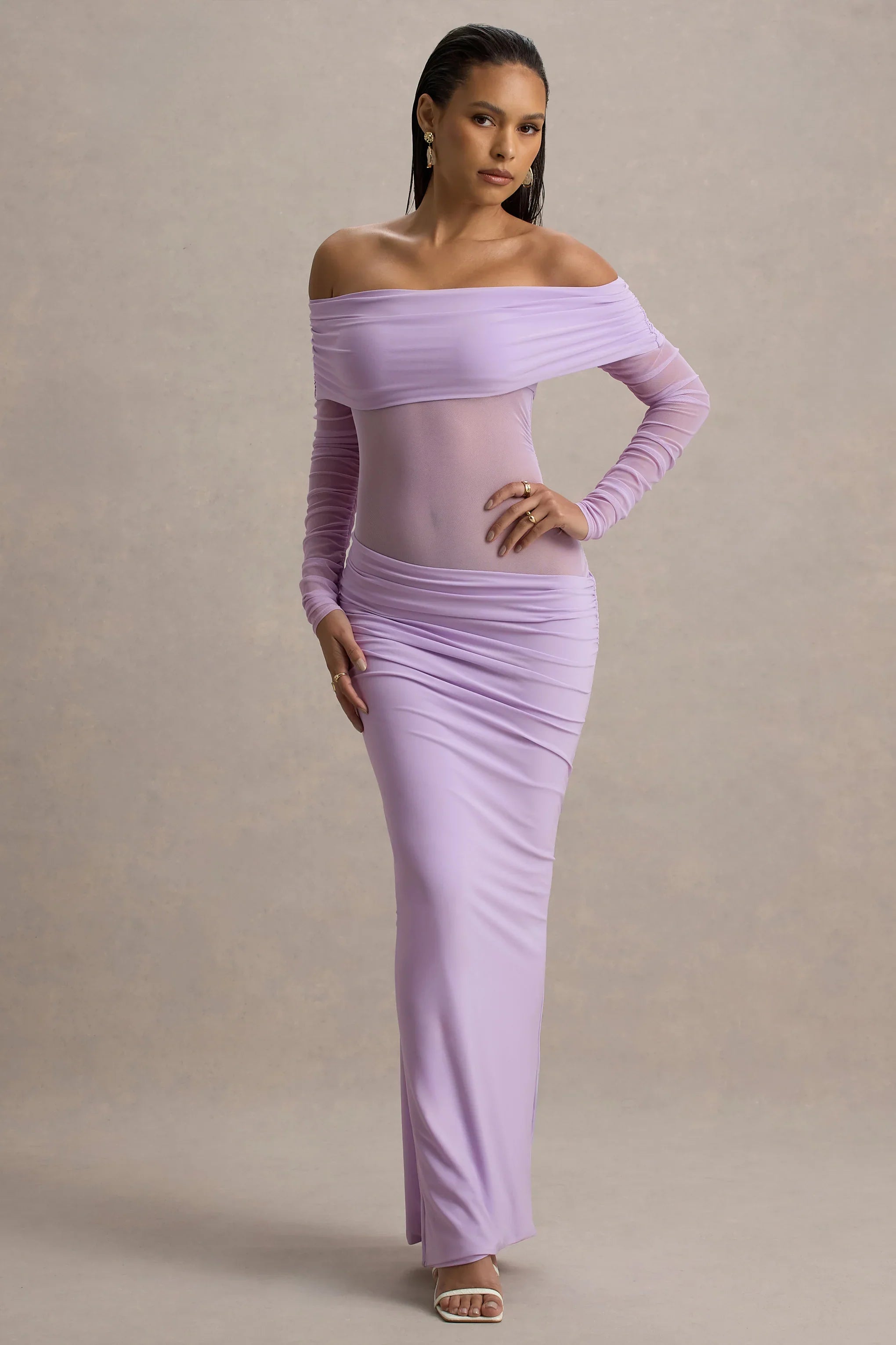 Belamour Lavender Semi Sheer Bardot Gathered Maxi Dress