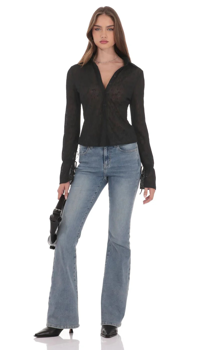 Sheer Mesh Button Up Top in Black