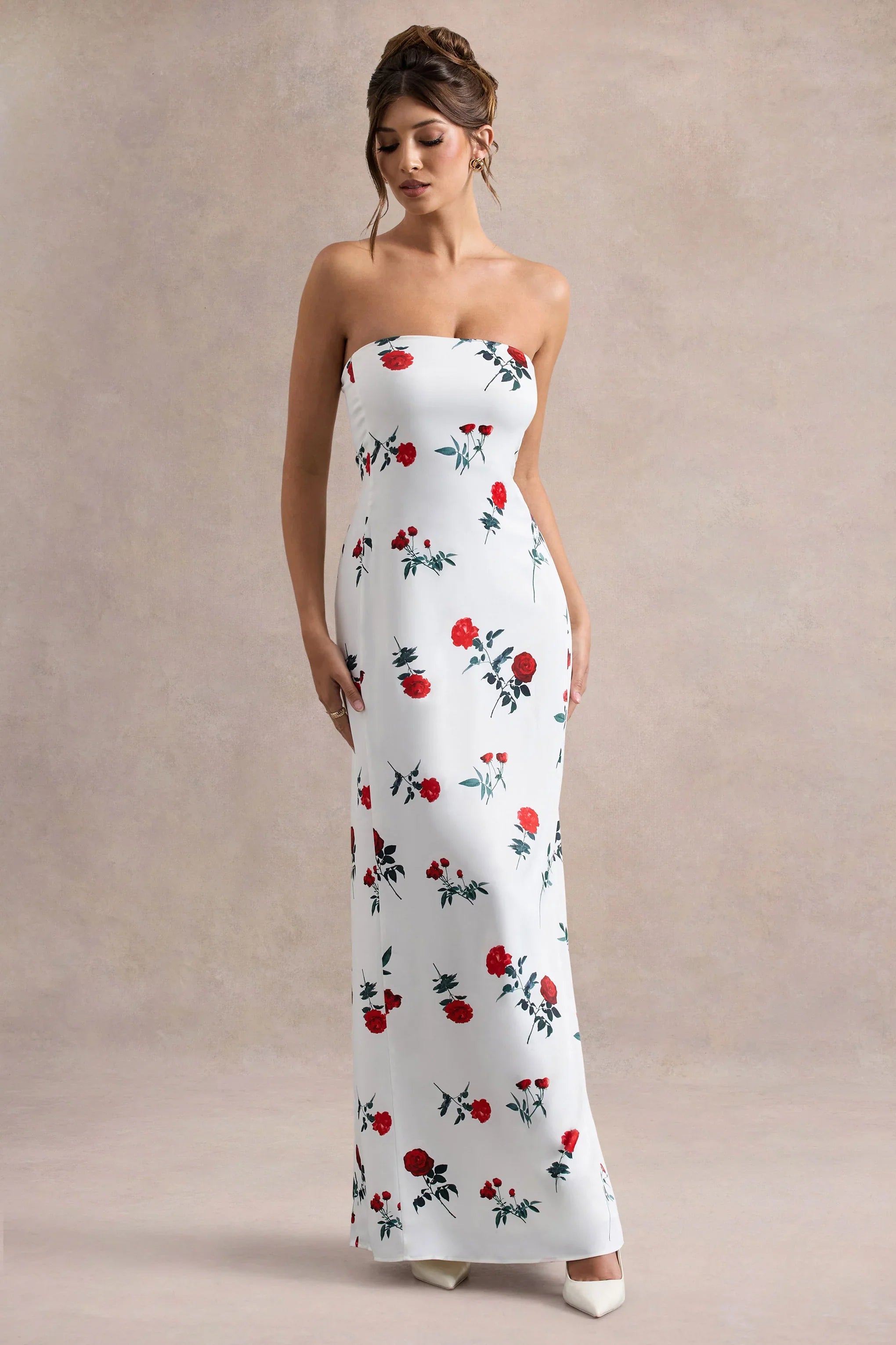 Azra Rose Print Satin Bandeau Maxi Dress