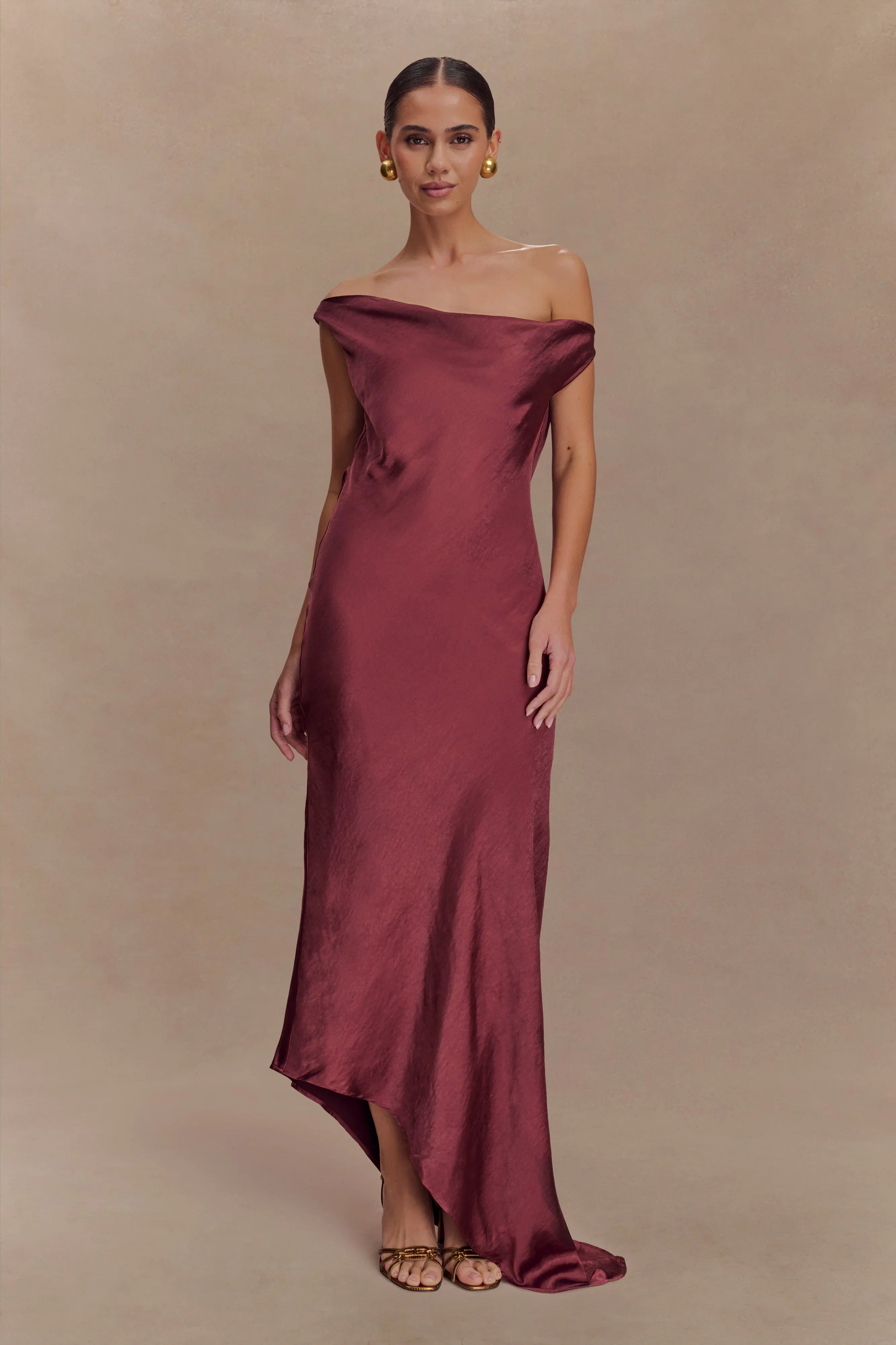 Yvette Slip Maxi Dress With Asymmetrical Hem Brown Cherry