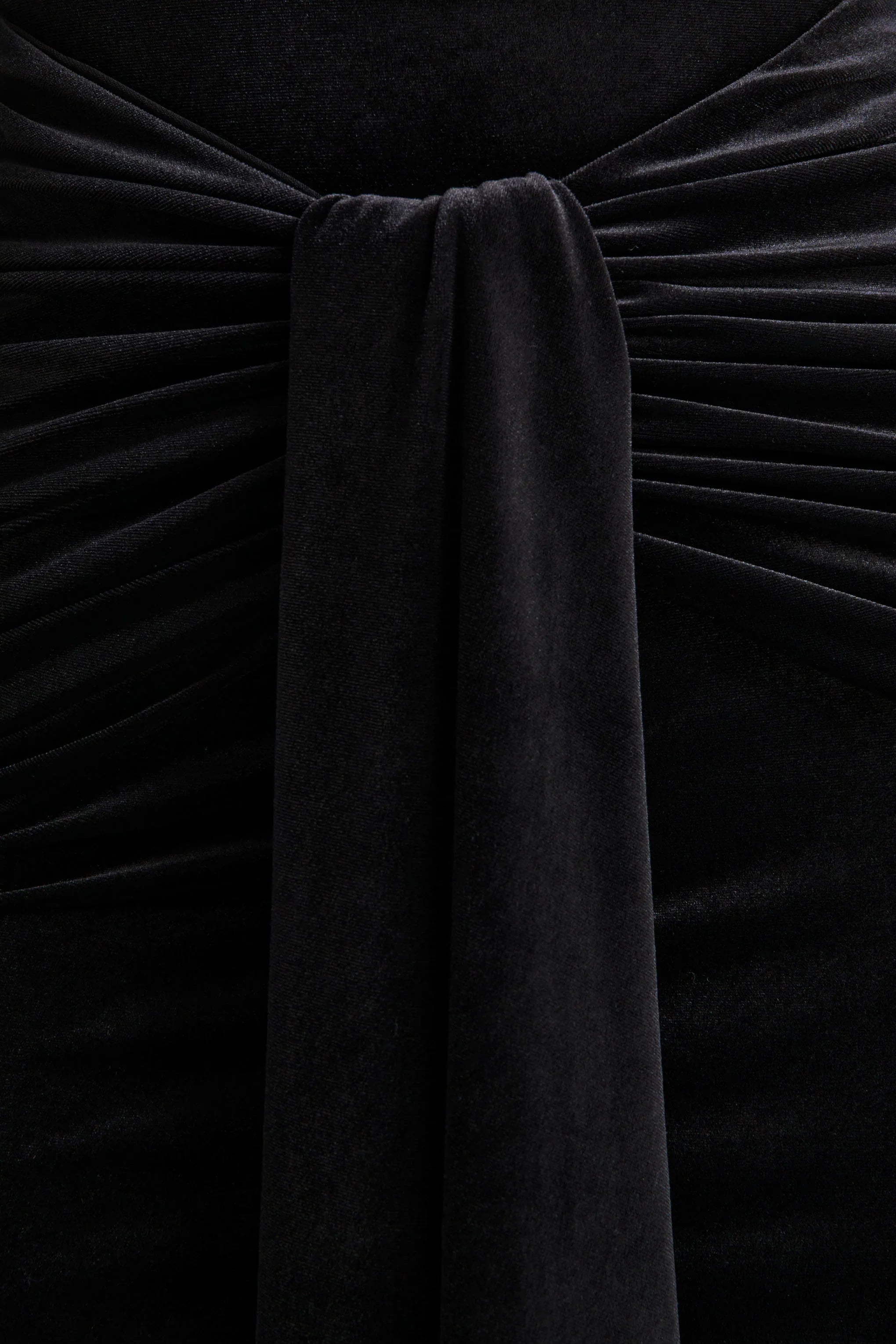 Idalina Black Velvet High Neck Maxi Dress With Gathered Detailing