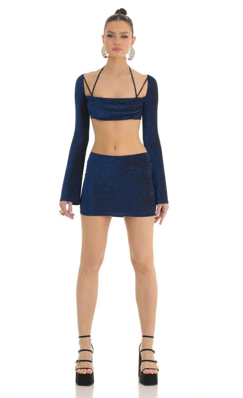 Blue Metallic Two Piece Skirt Set in Black