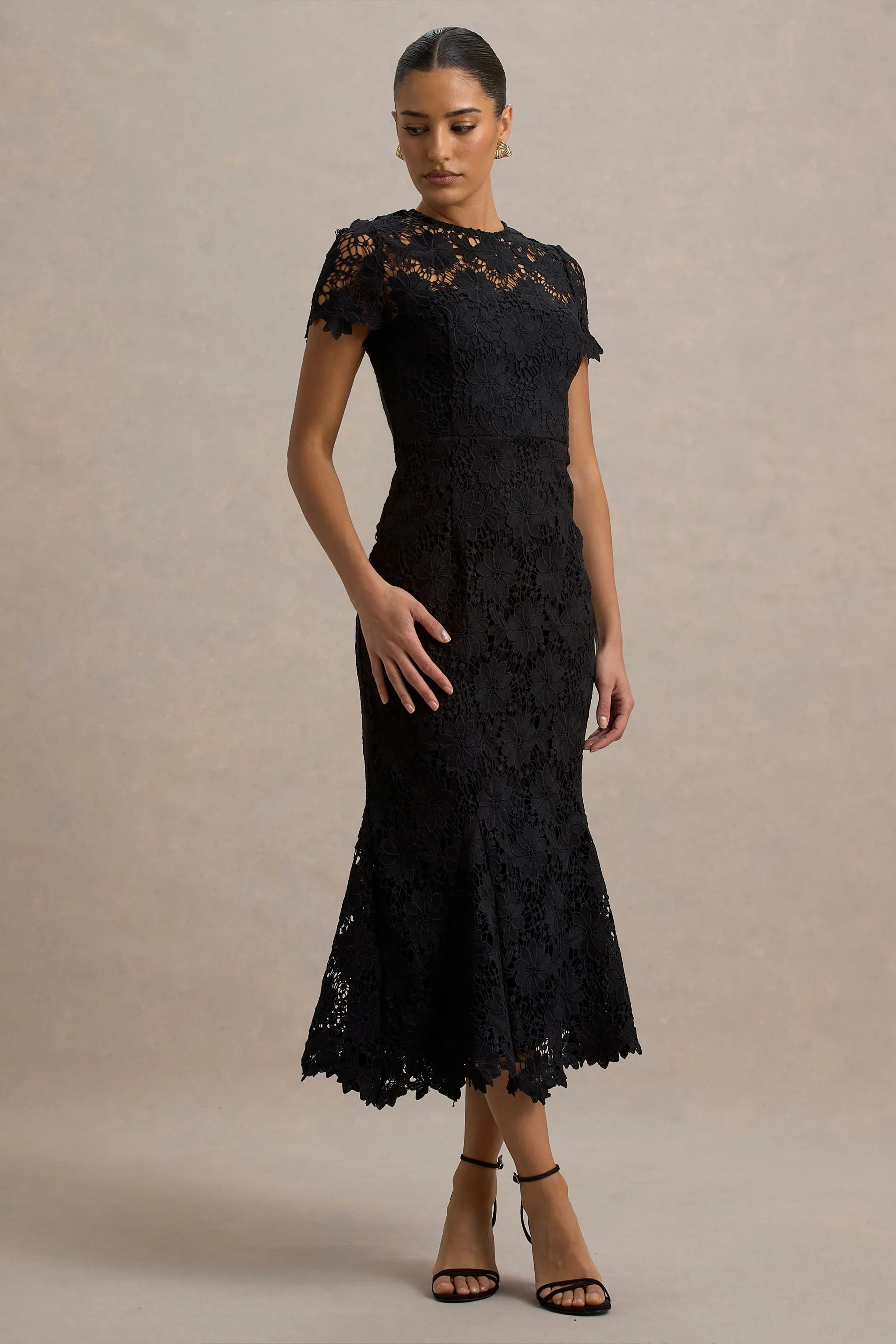 Clarissa Black Lace Short Sleeve Midi Dress