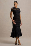 Clarissa Black Lace Short Sleeve Midi Dress