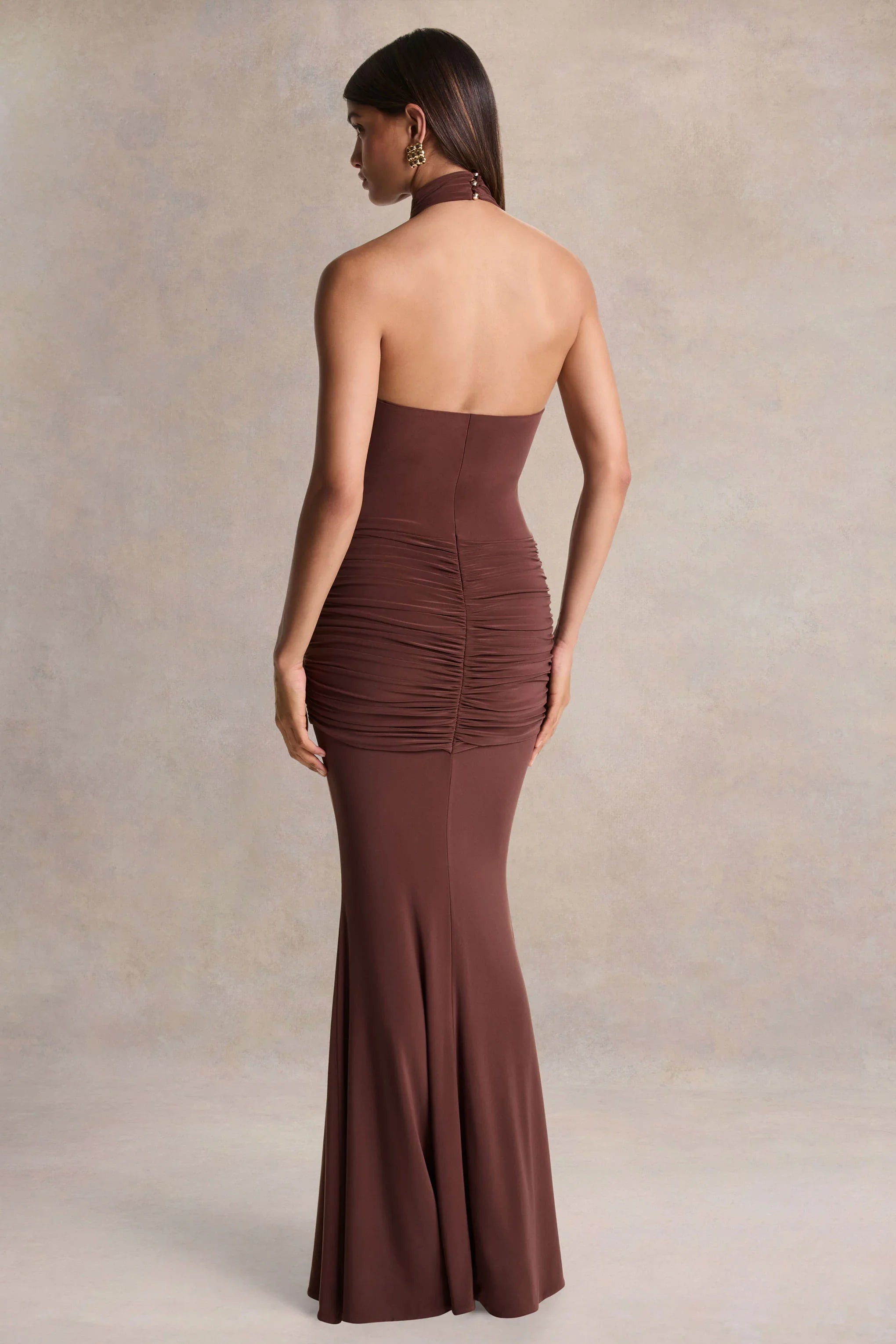 Hyla Brown High Neck Maxi Dress With Sash Detail