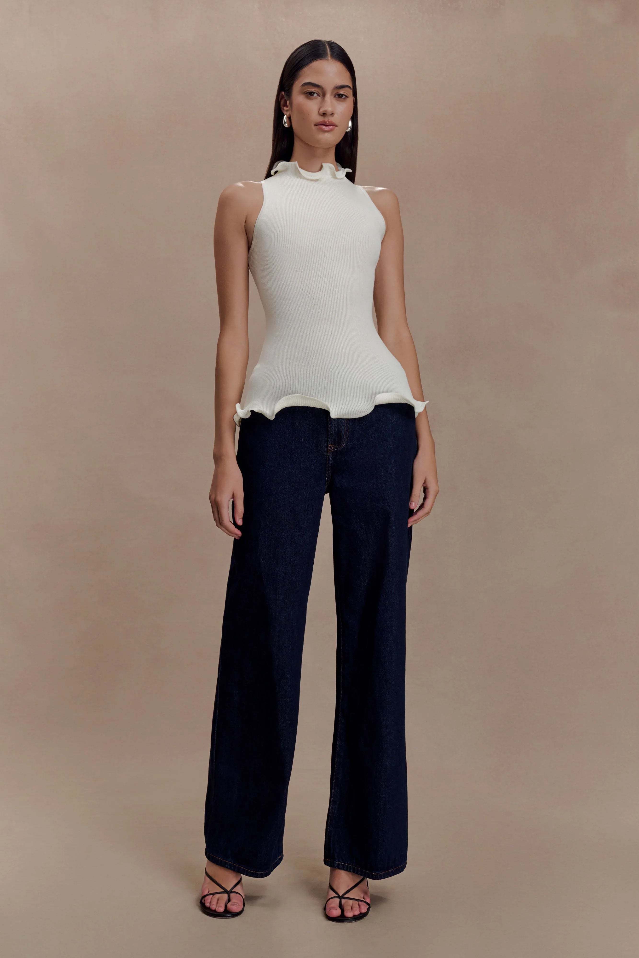 Diya Ribbed Sleeveless Top With Wire Hem Ivory