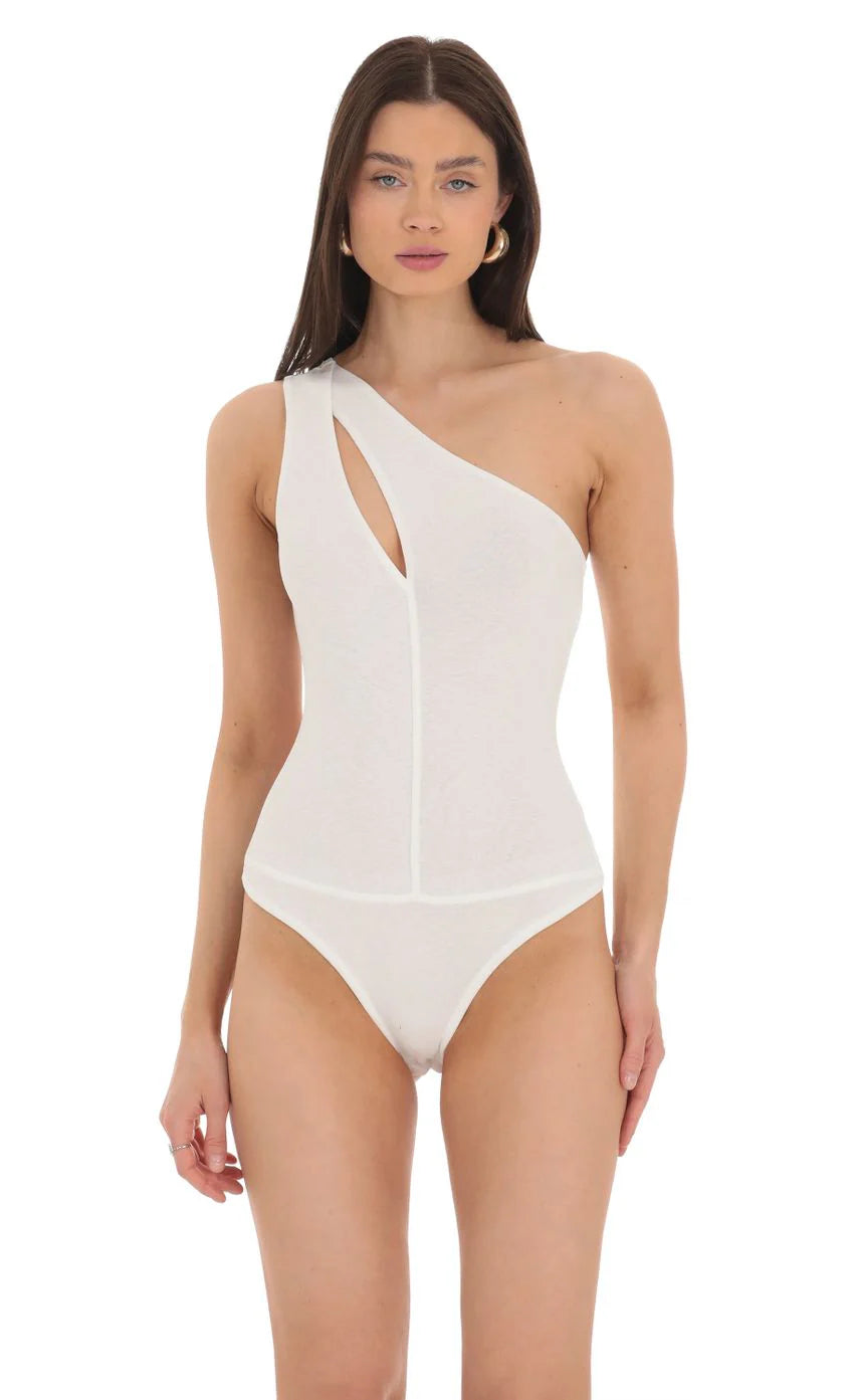 One Shoulder Keyhole Bodysuit in White