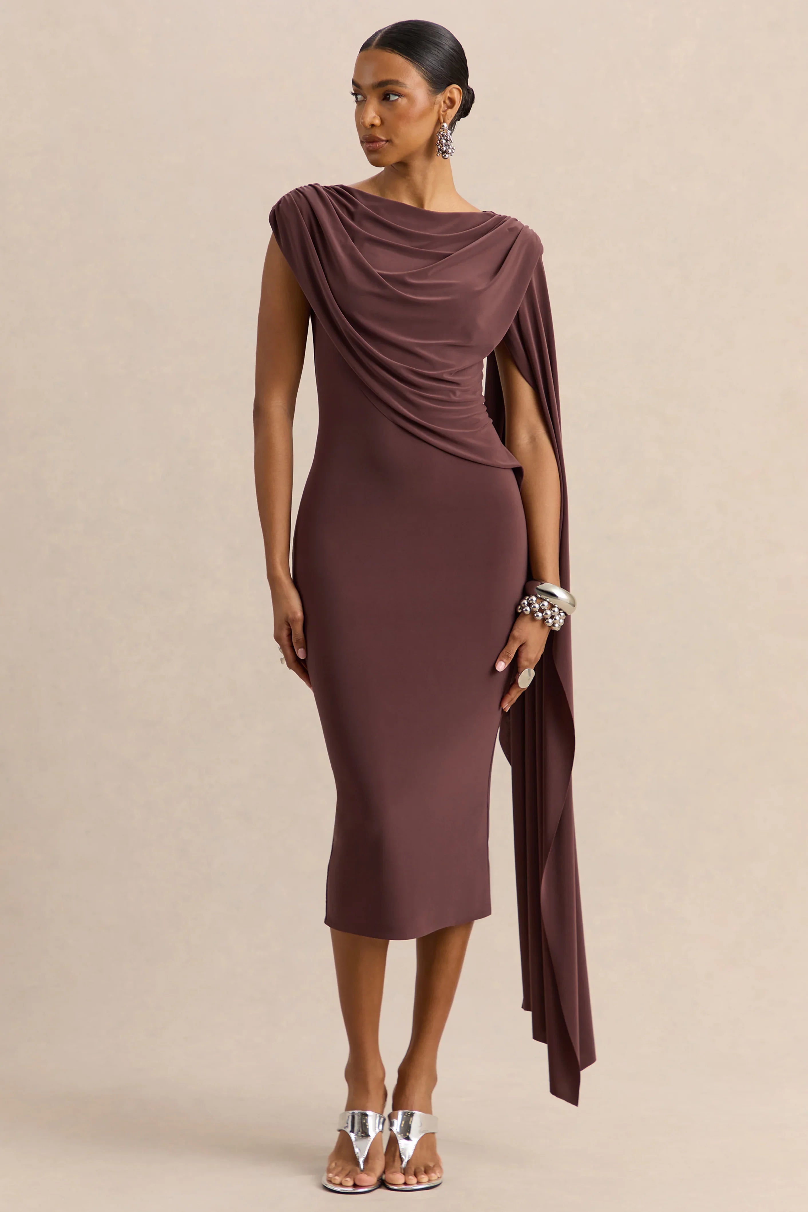 Kamoria Brown Round Neck Midi Dress With Cape Sleeve