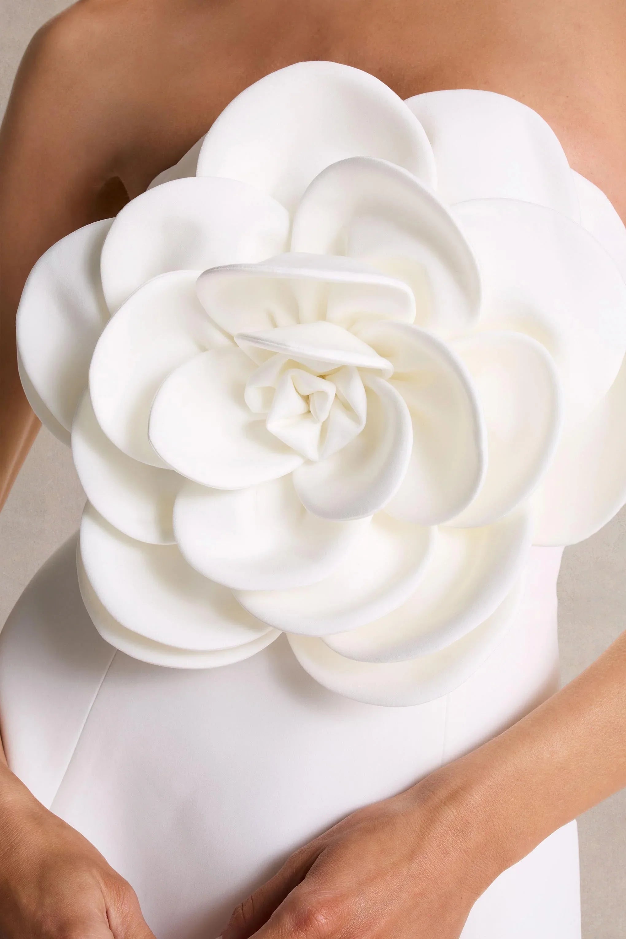 Daffodil White Bandeau Mini Dress With Large Floral Corsage