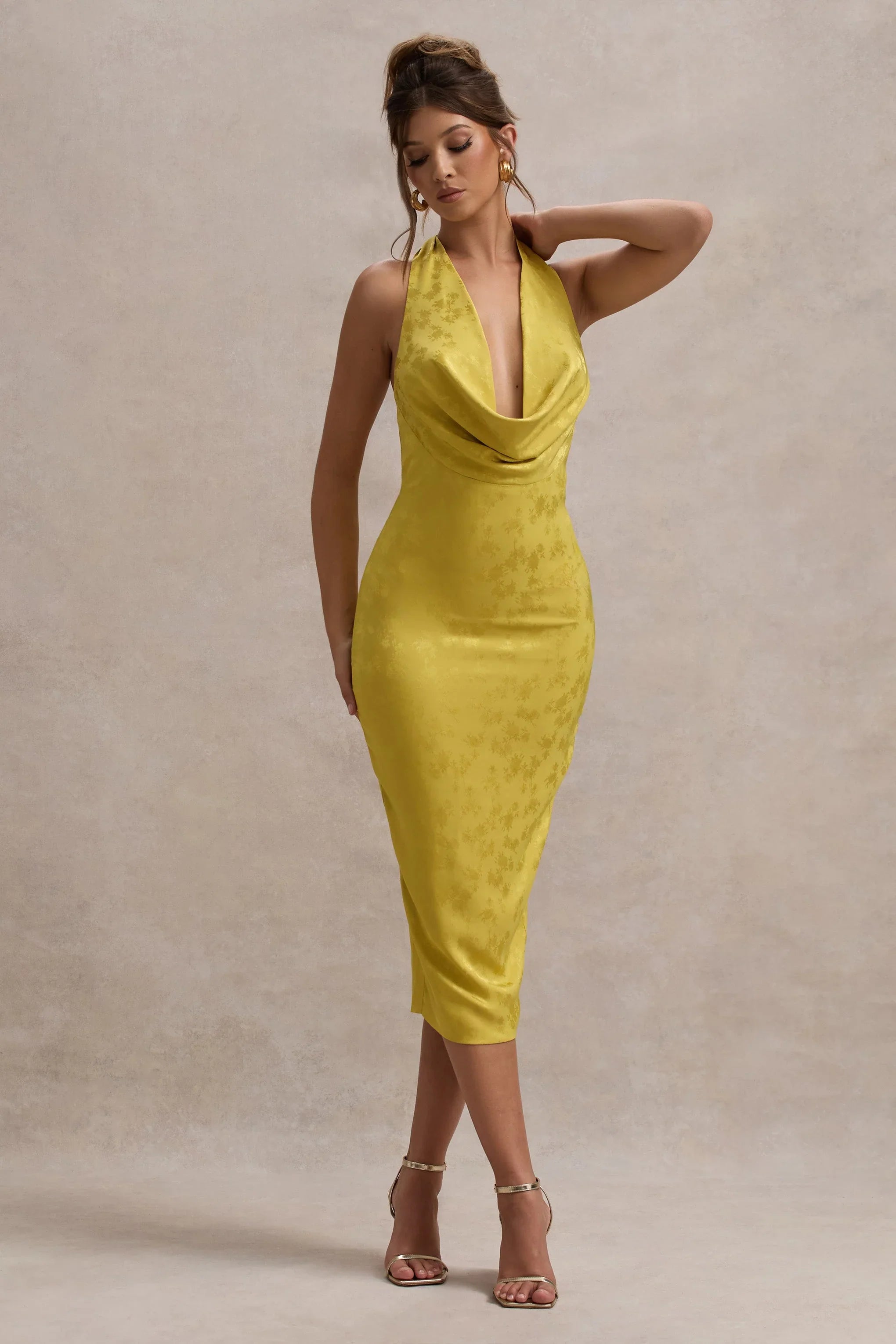 Maciza Mustard Satin Jacquard Cowl Neck Midi Dress