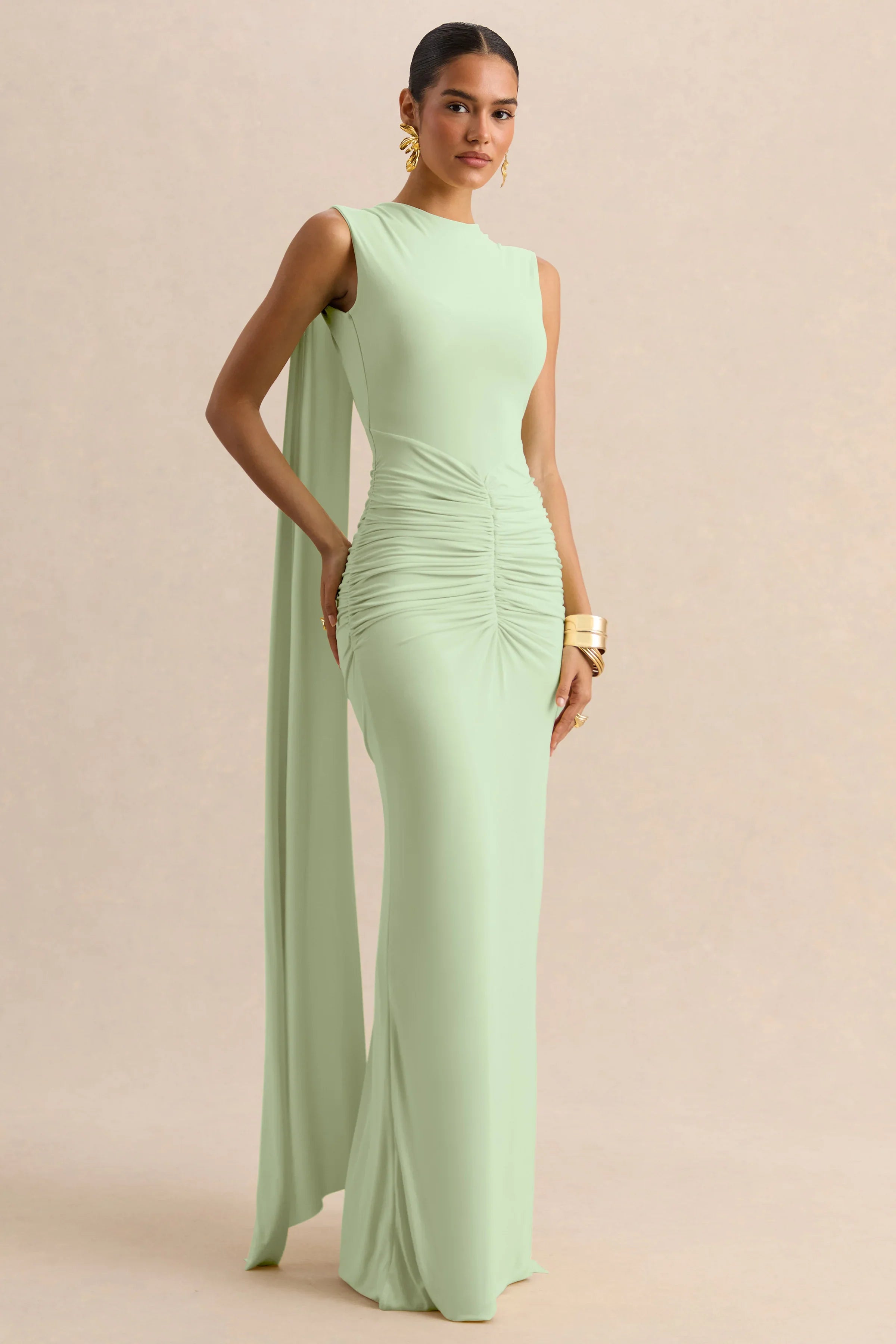 Premiere Mint Boat Neck Maxi Dress With Cape Sleeves And Open Back