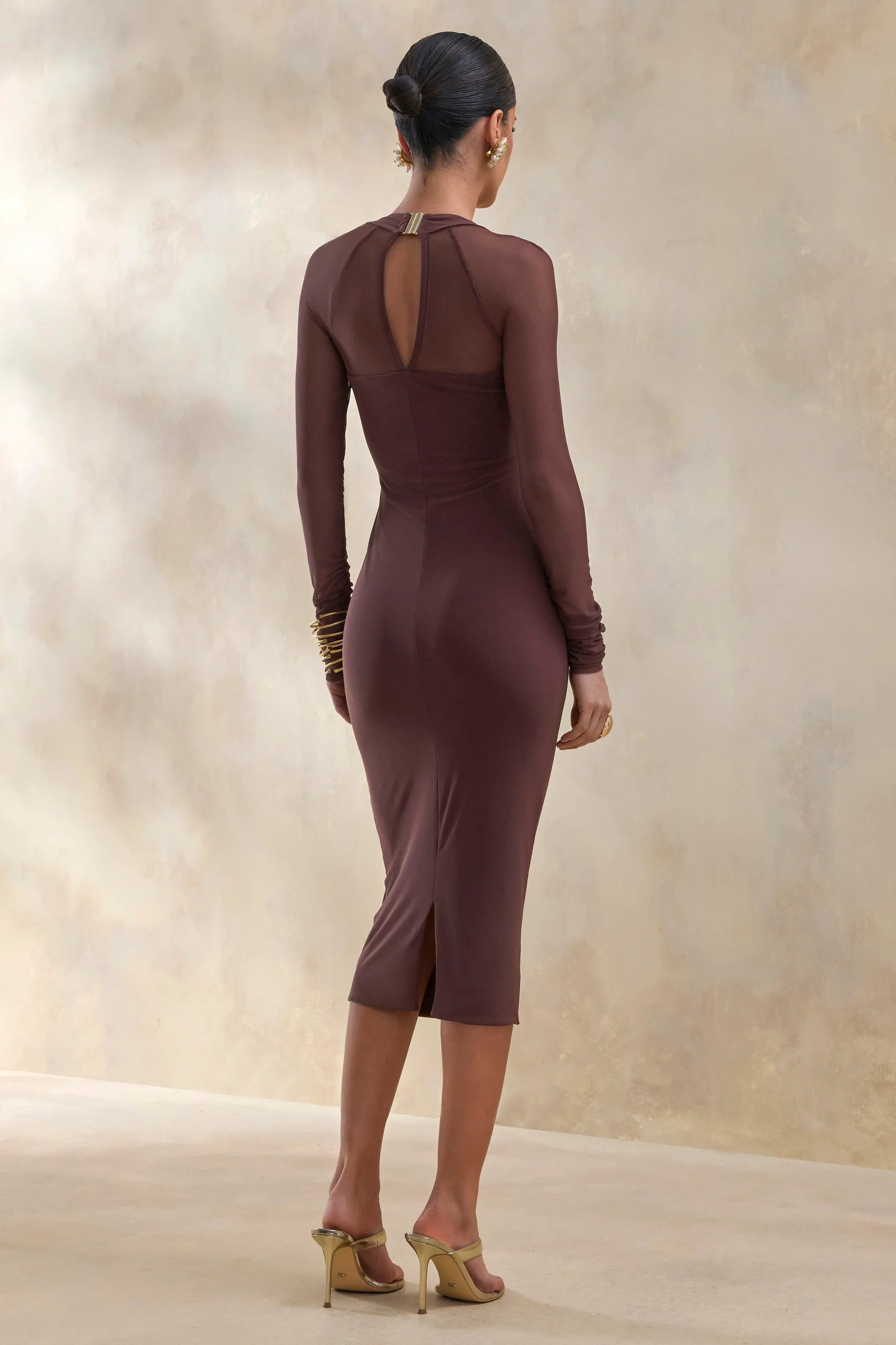 Off Track Brown Bodycon Midi Dress With Sheer Sleeves