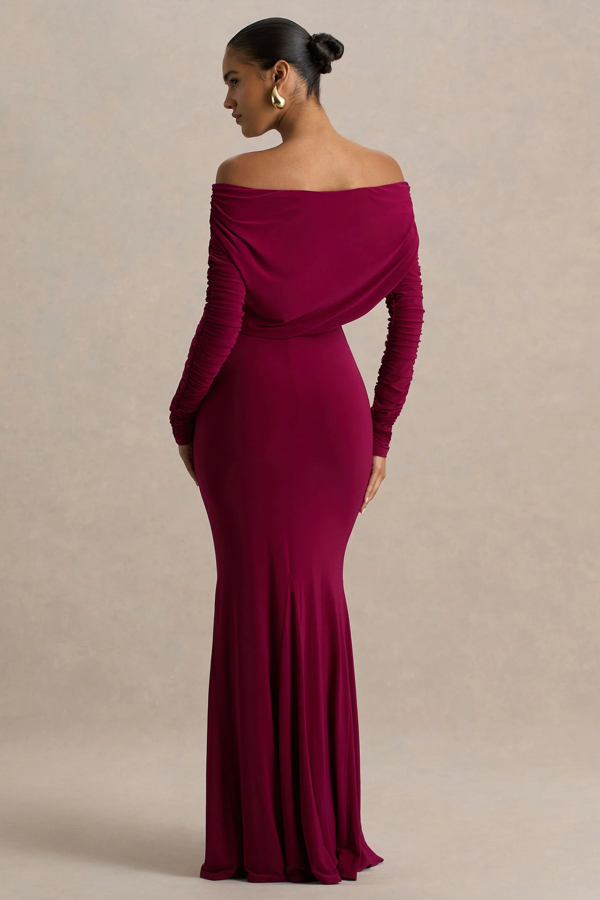 Cilla Burgundy Bardot Neck Maxi Dress With Ruched Detailing