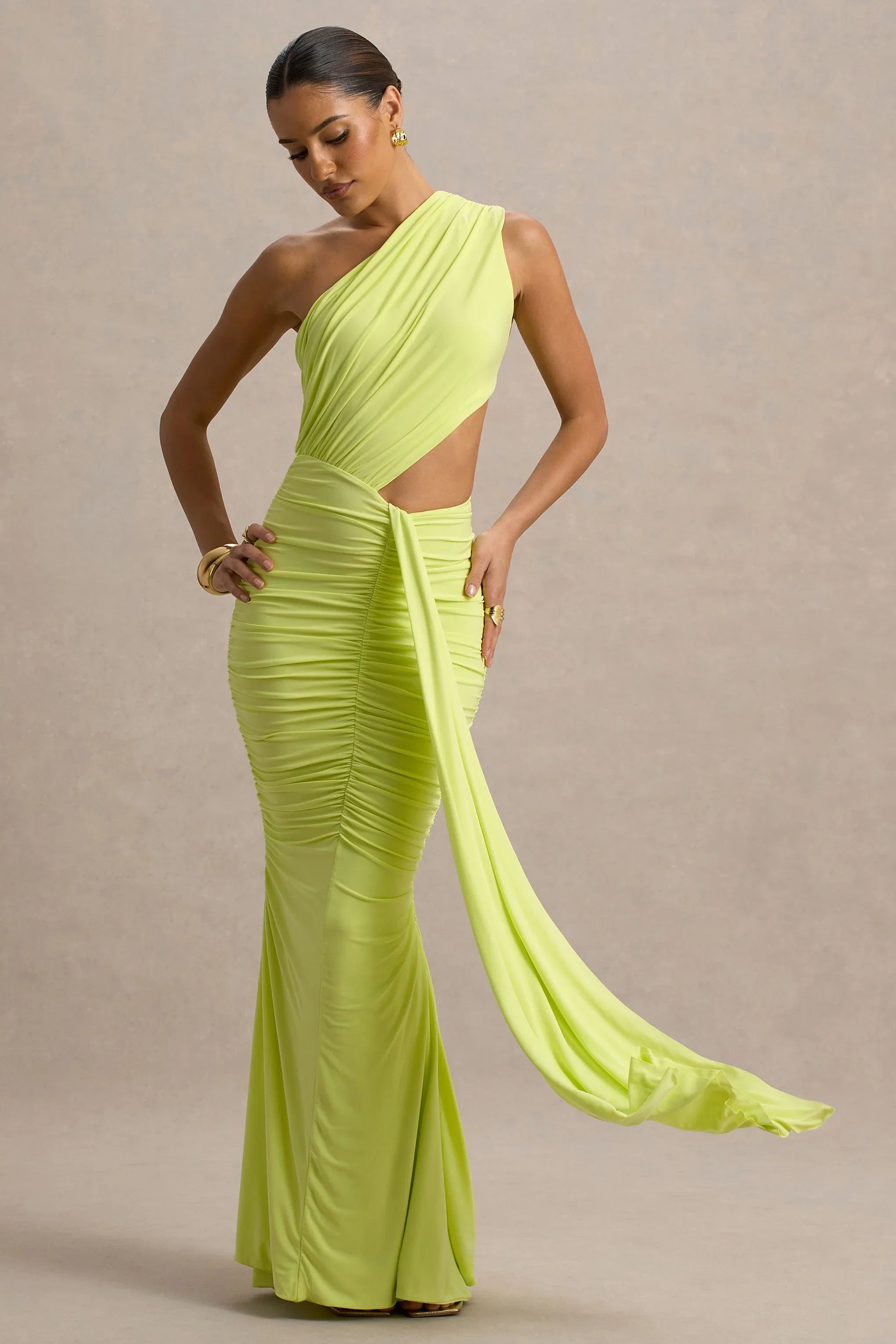 Beline Lime Green One Shoulder Cut Out Maxi Dress With Drape