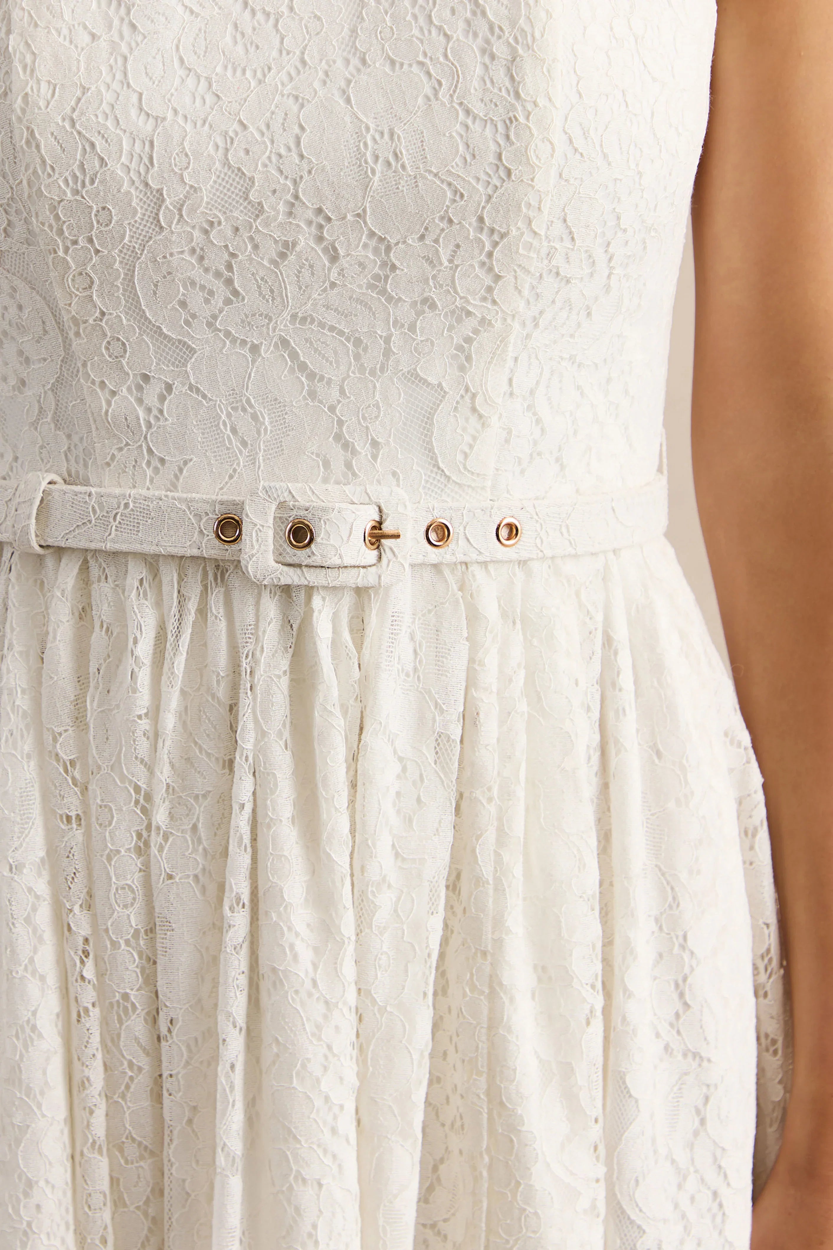 Anabella White Lace Crew Neck Belted Midi Dress