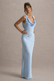 Alesso Powder Blue Satin Cowl Neck Slip Maxi Dress