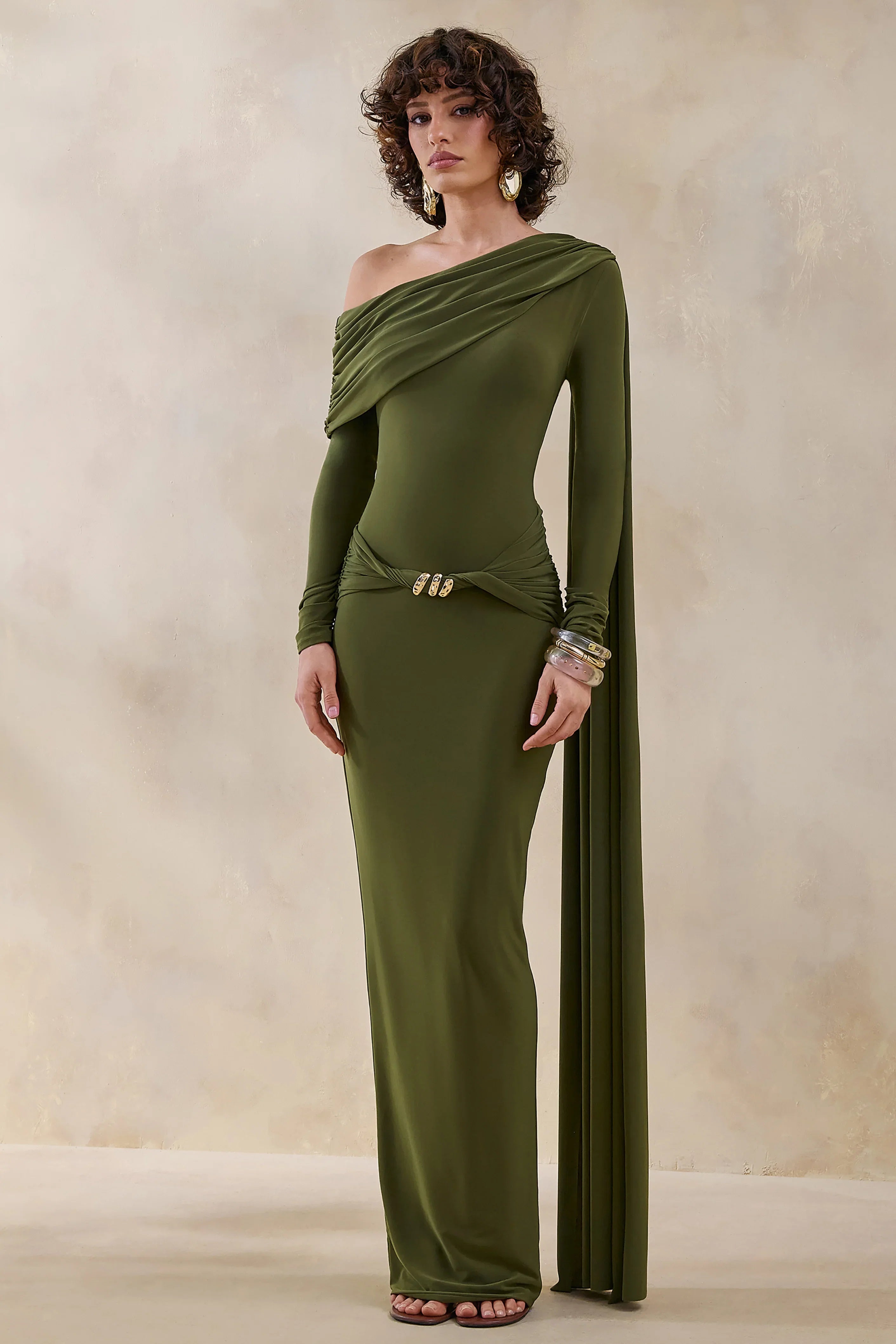 Bessy Green Asymmetric Neck Maxi Dress With Gathered Detailing And Sash