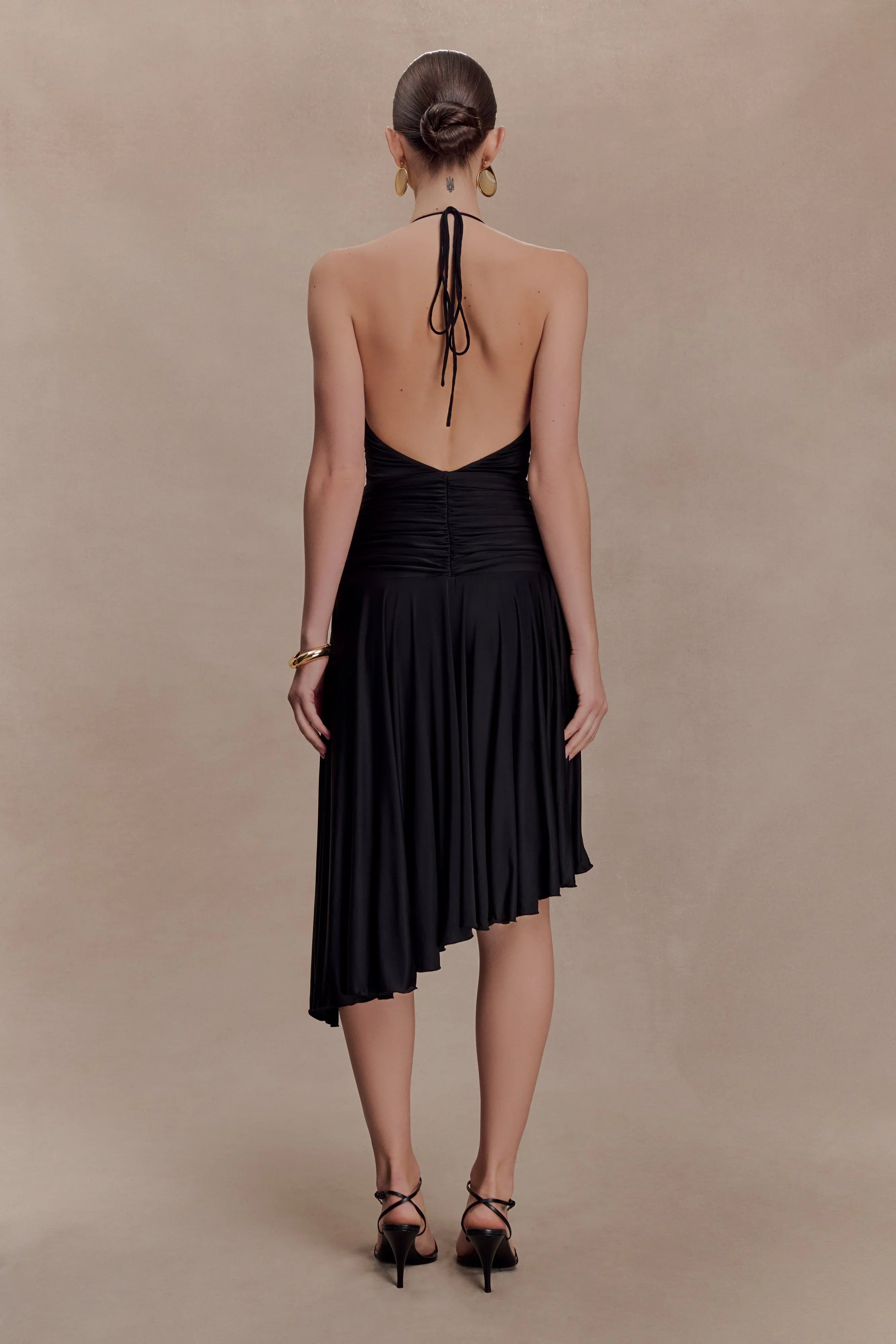 Zelda Asymmetric Slinky Midi Dress Black
