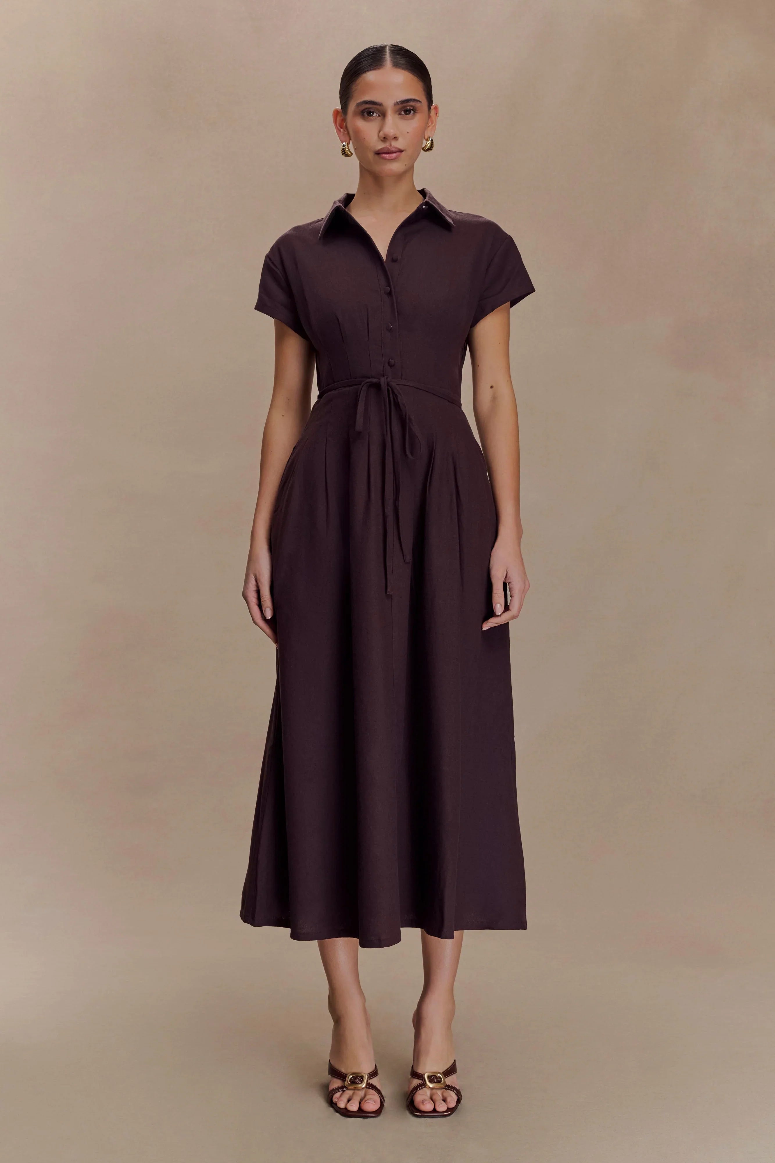 Aysha Buttoned Linen Midi Dress Chocolate
