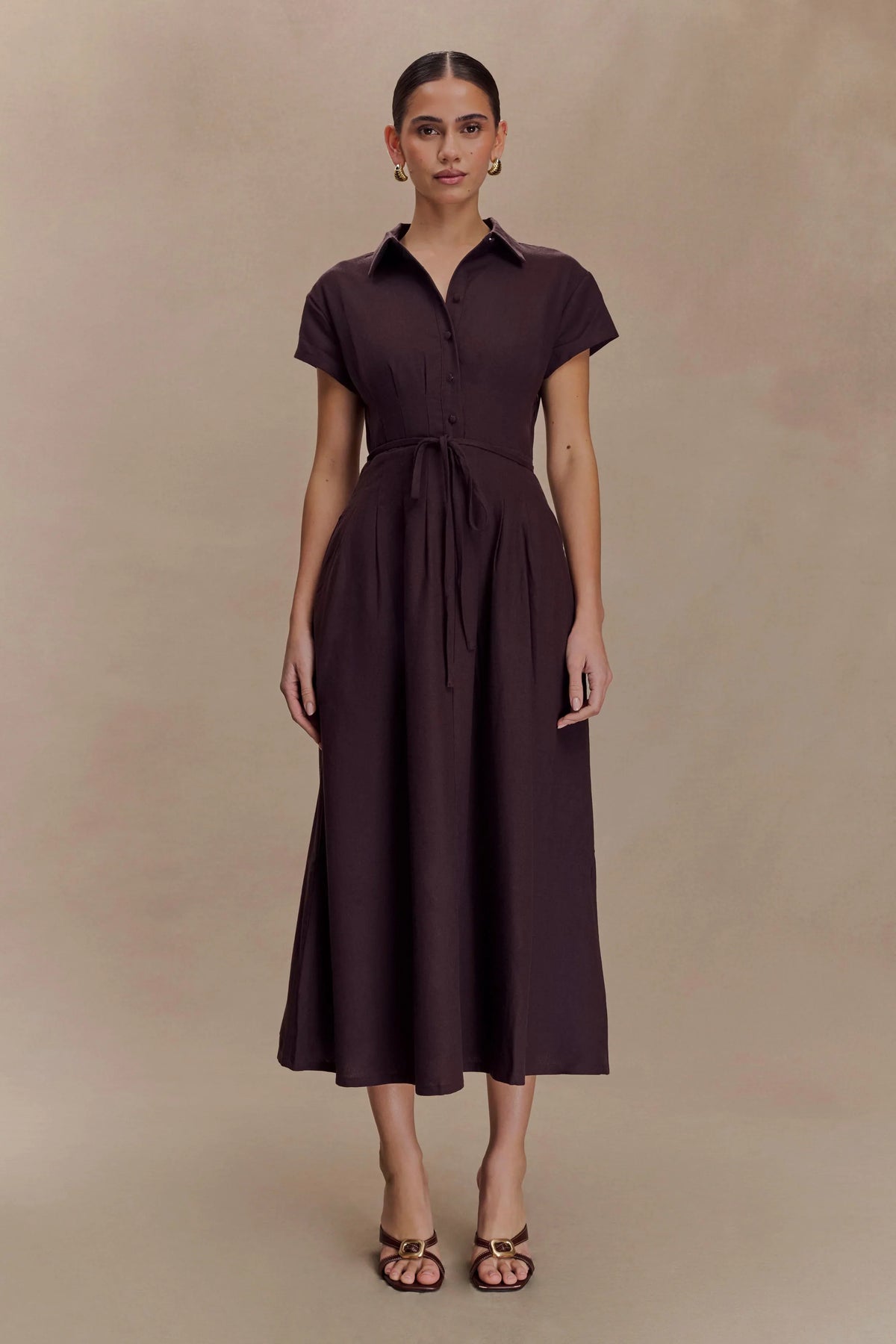 Aysha Buttoned Linen Midi Dress Chocolate