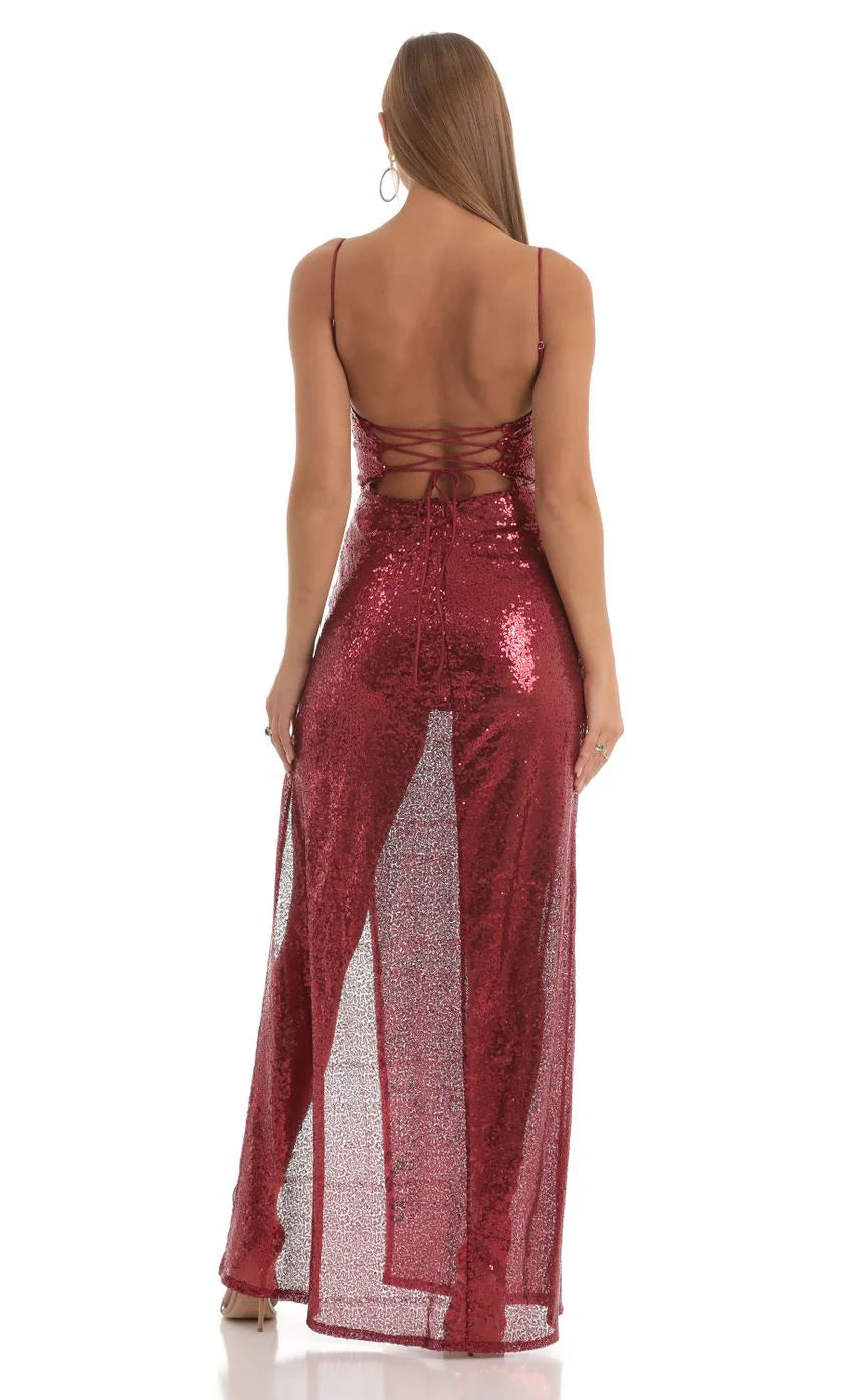 Sequin Cowl Neck Maxi Dress in Red