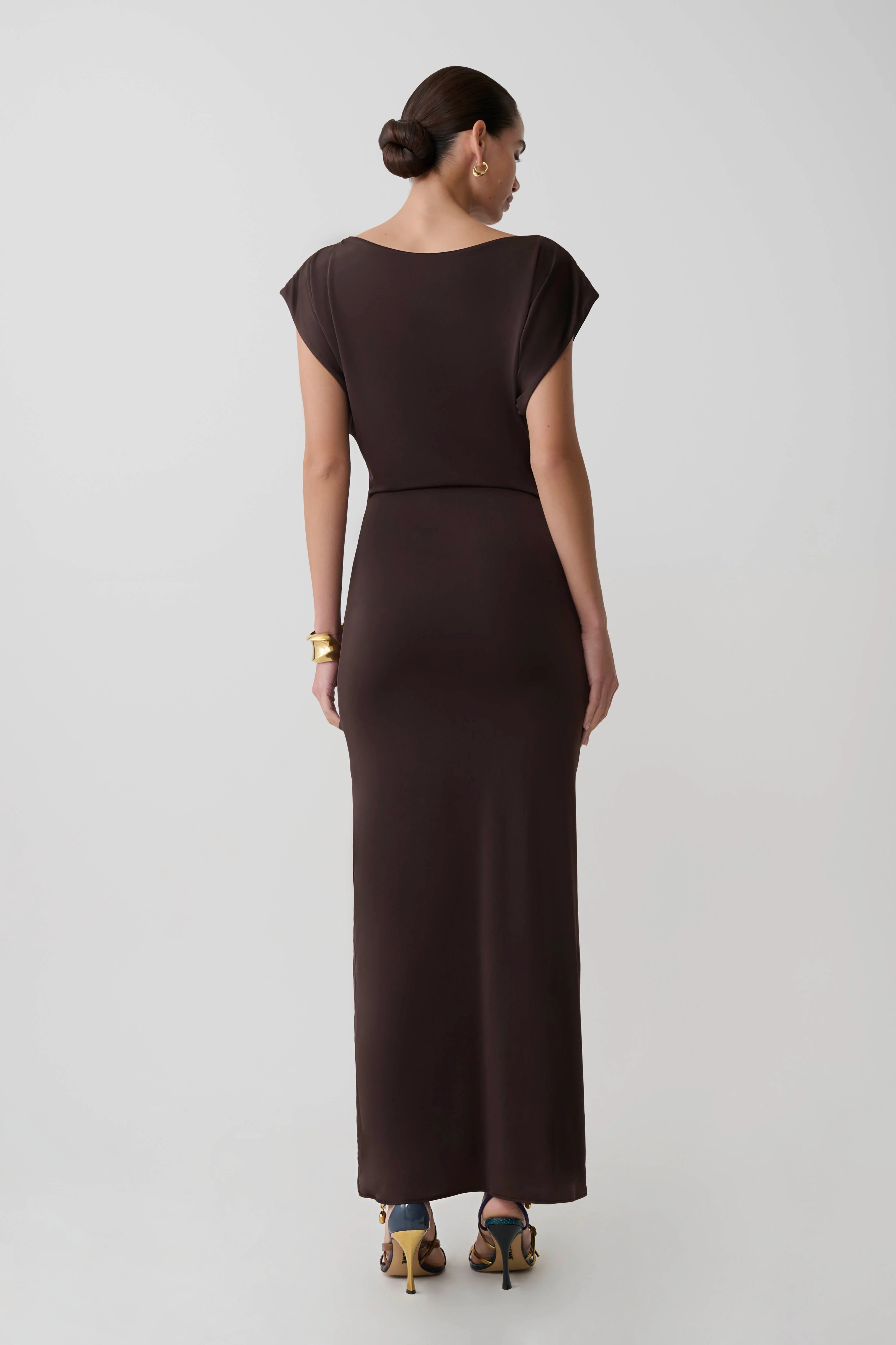 Maiara Shortsleeve Slinky Tie Maxi Dress Chocolate