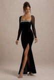 Ashby Black Velvet Embellished Square Neck Split Maxi Dress