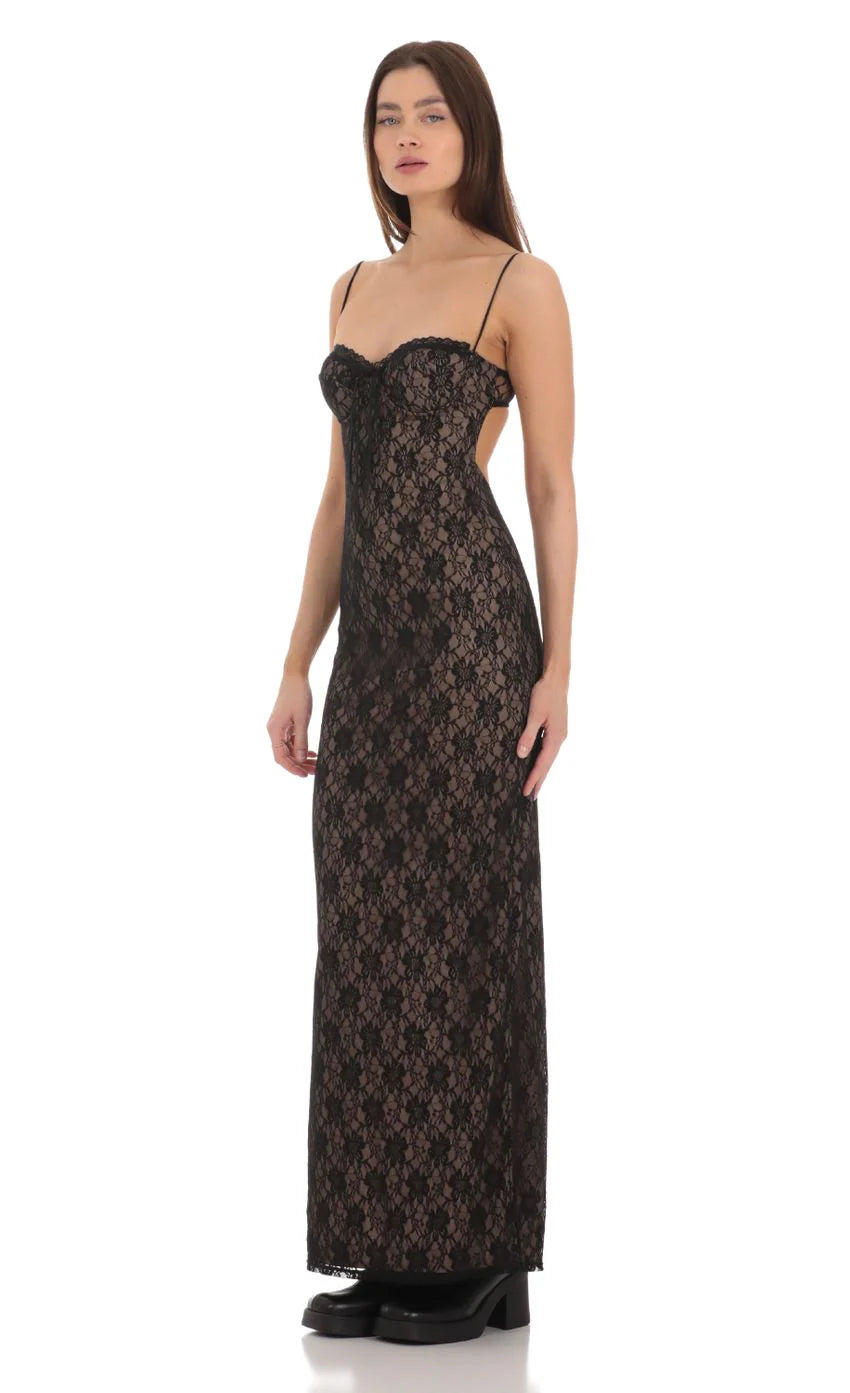 Lace Bodycon Maxi Dress in Black