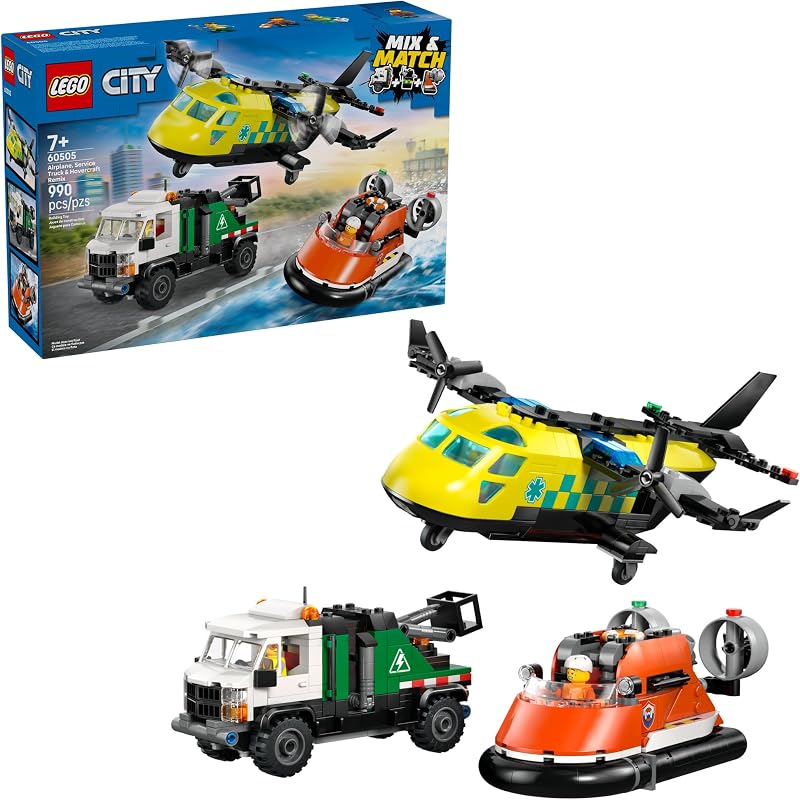 LEGO City Airplane Service Truck Hovercraft Remix Building Toy for Kids Mix Match Emergency Vehicle Truck Toys for Pretend Play Gift Idea for Boys Girls Ages 7 60505