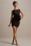 Olivette Black Ruffled Mini Dress With Corsage Detail