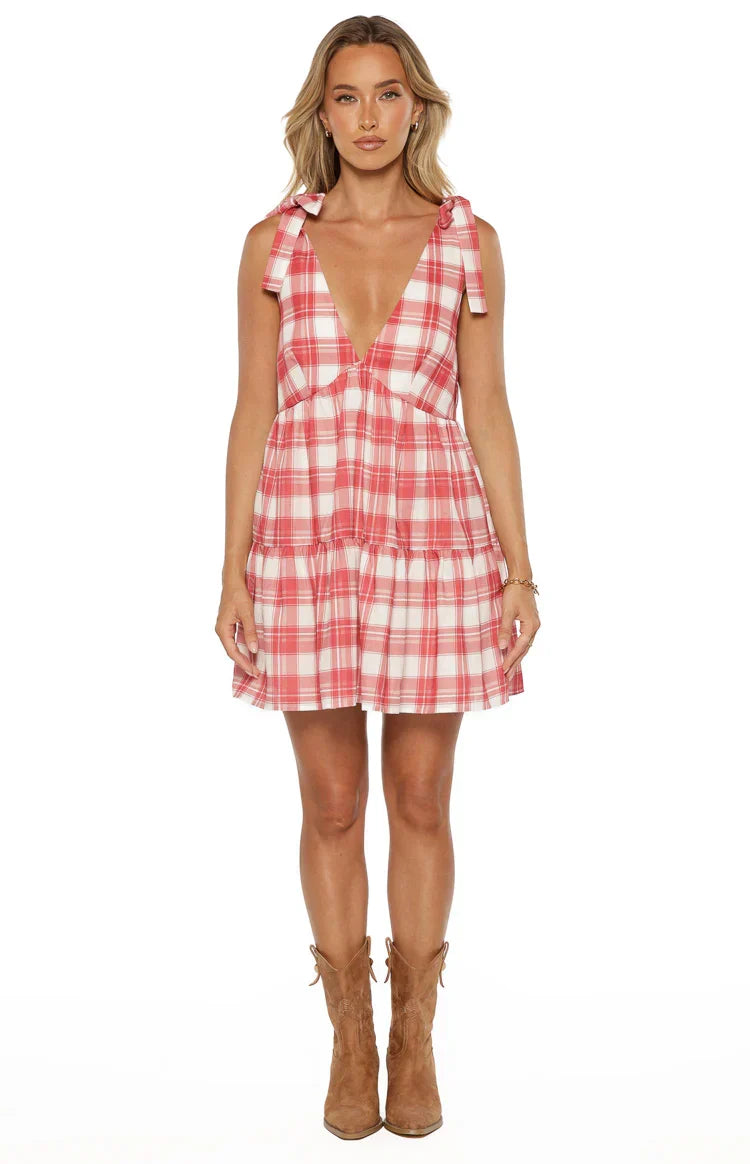 Angel Girl Red Plaid Print Mini Dress