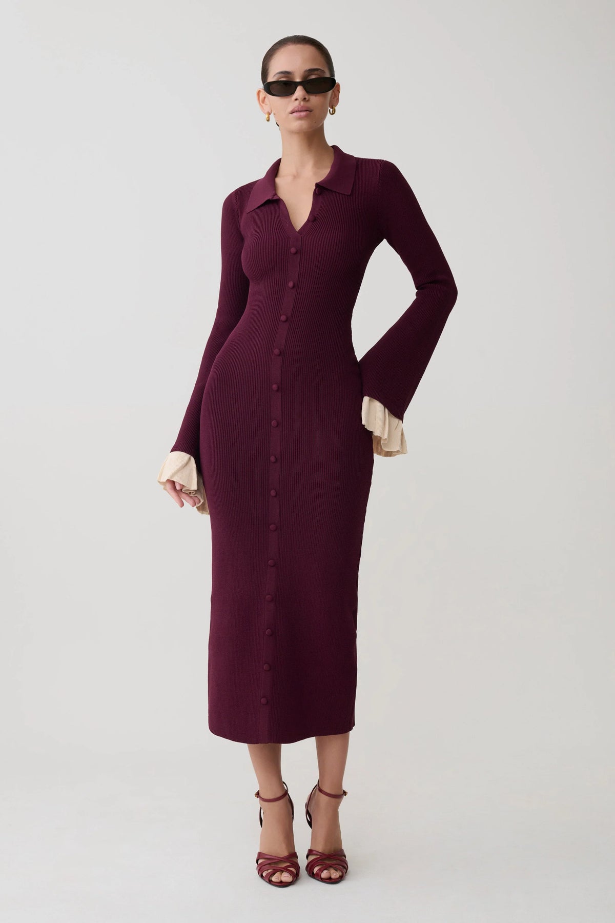 Amirose Ruffle Knit Midi Dress Plum