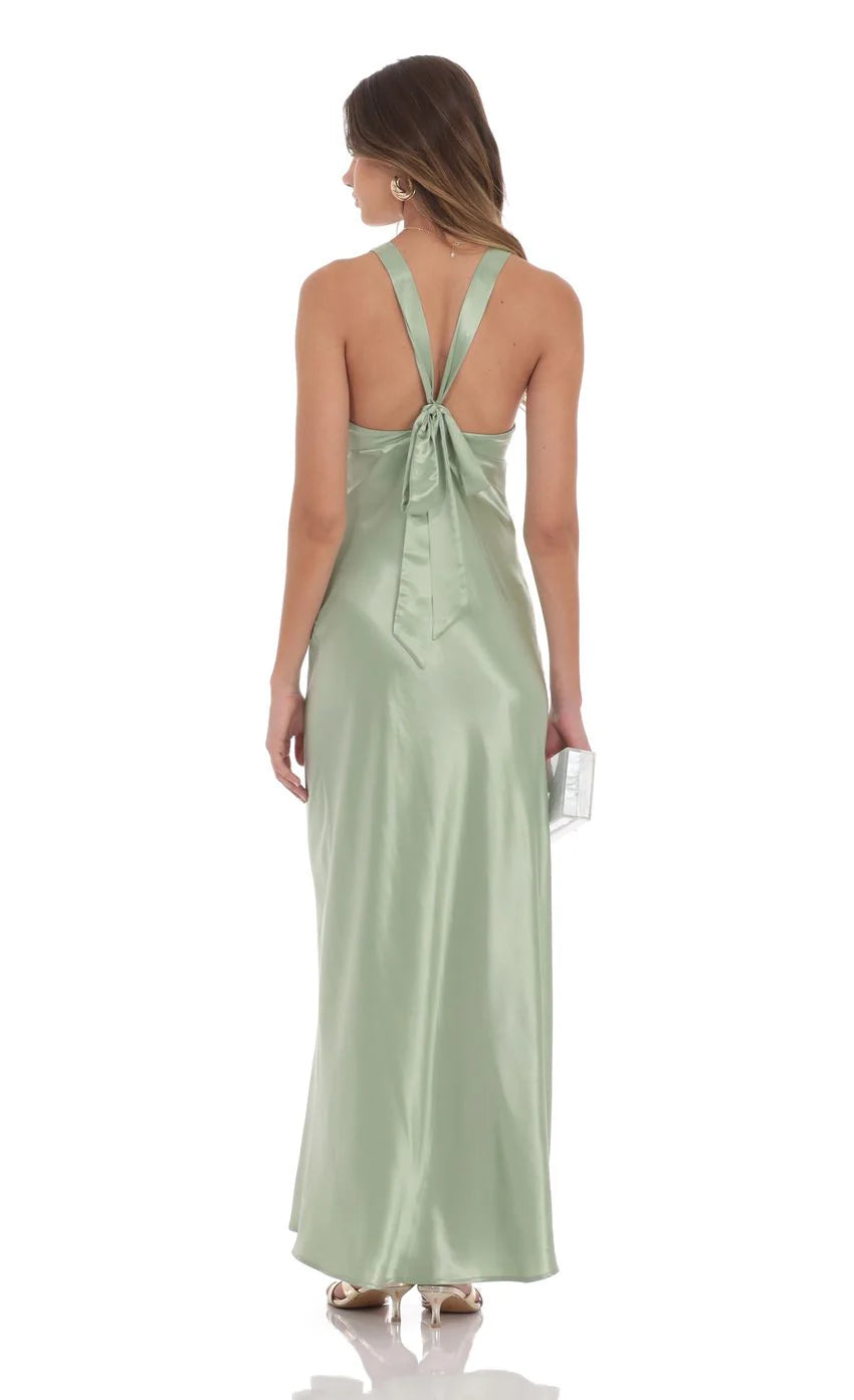 Satin V Neck Maxi Dress in Sage
