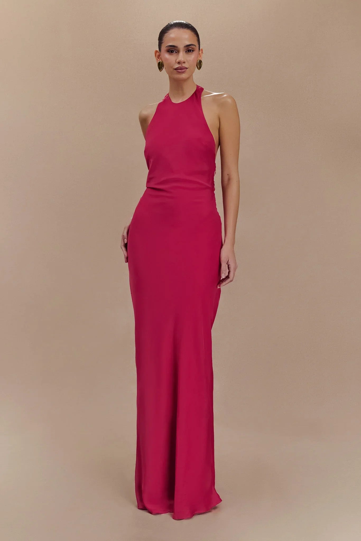 Rinna Satin Halter Maxi Dress Pink Cherry