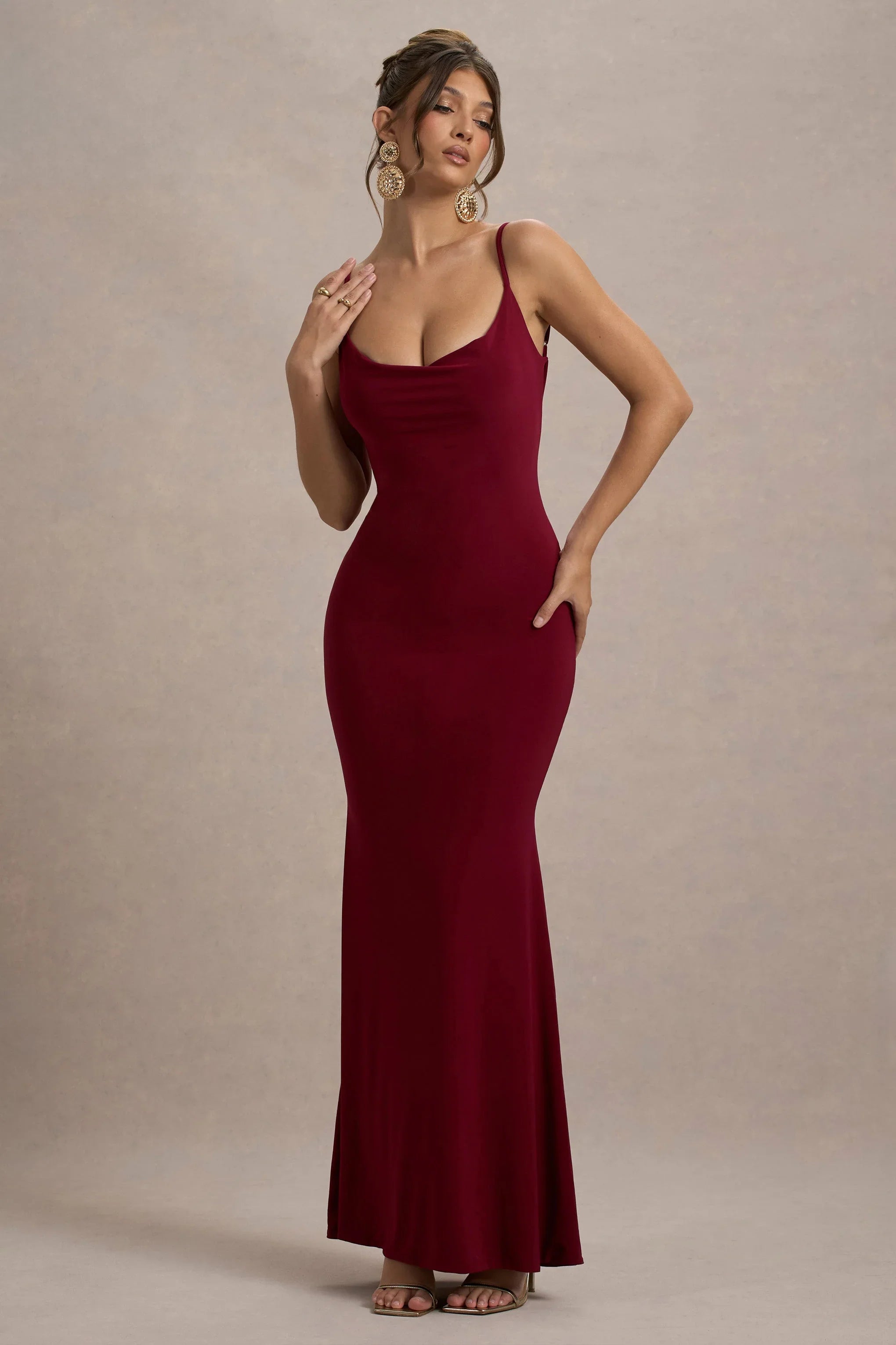 Francoise Berry Cowl Neck Backless Maxi Dress With Lace Insert