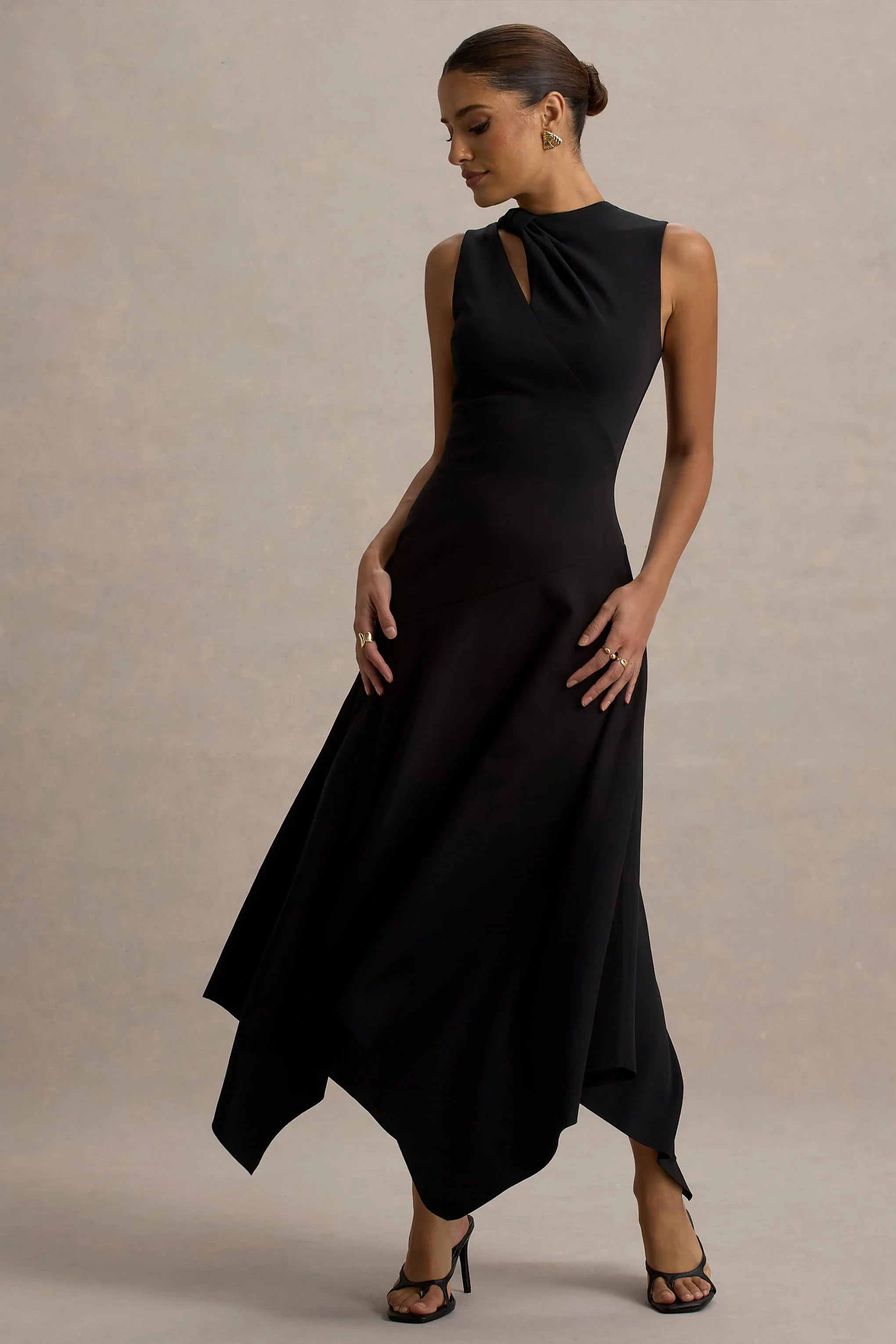 Francesca Black Knotted Midi Dress With Handkerchief Hem