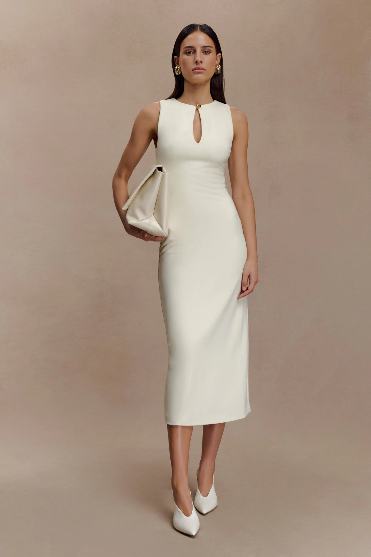 Norah Sleeveless Crepe Midi Dress Ivory