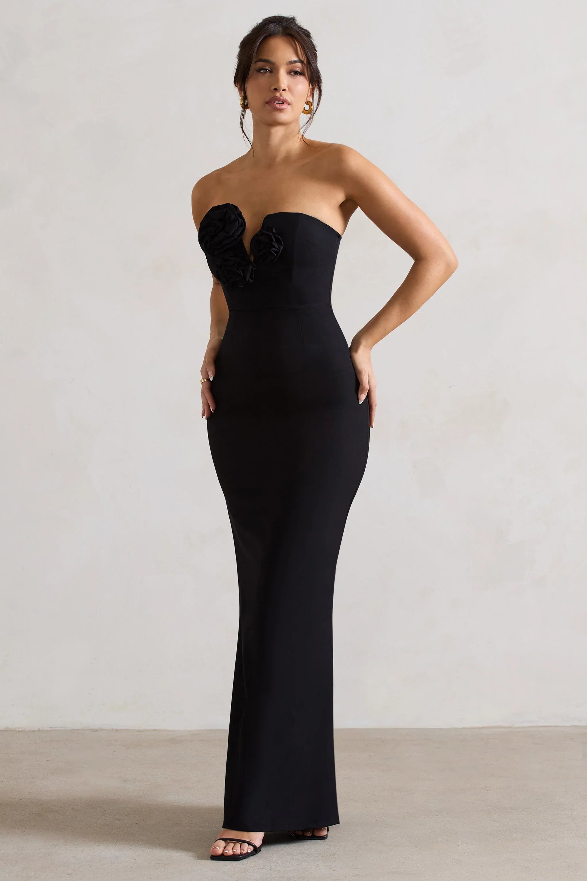 Enticed Black Strapless V Neck Maxi Dress With Flowers