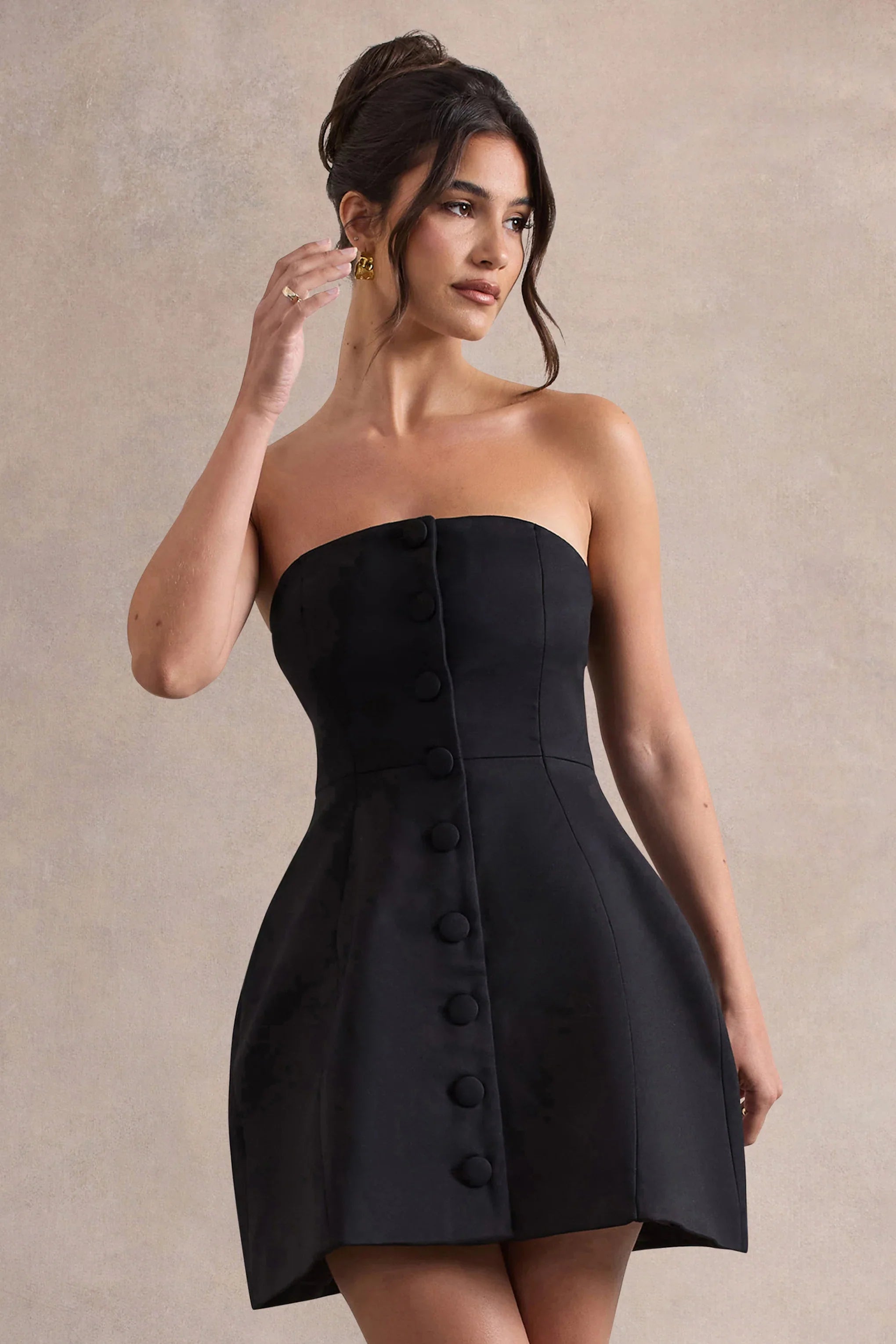 Anniston Black Bandeau Tailored Buttoned Mini Dress