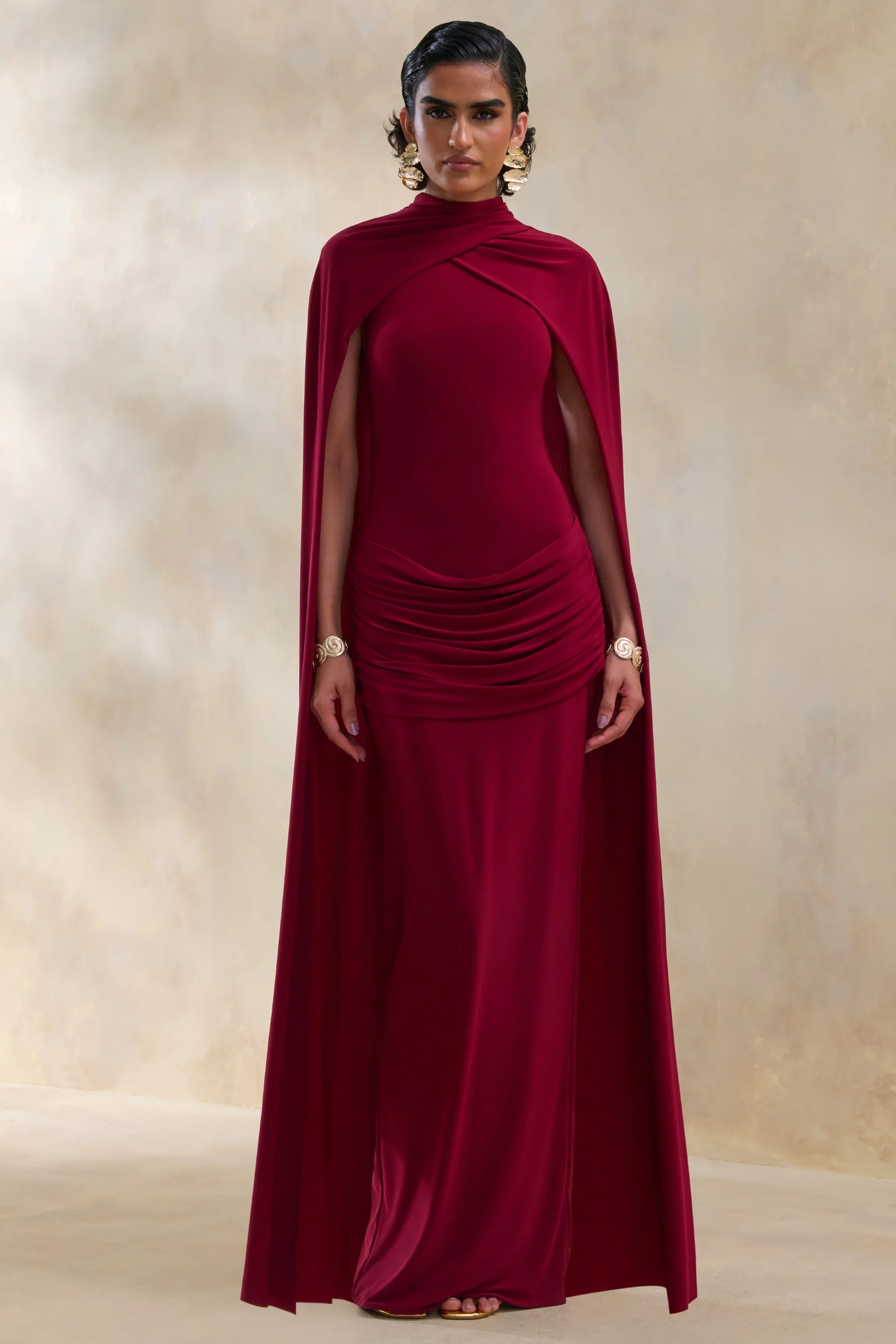 Dianelle Berry High Neck Maxi Dress With Cape Sleeves