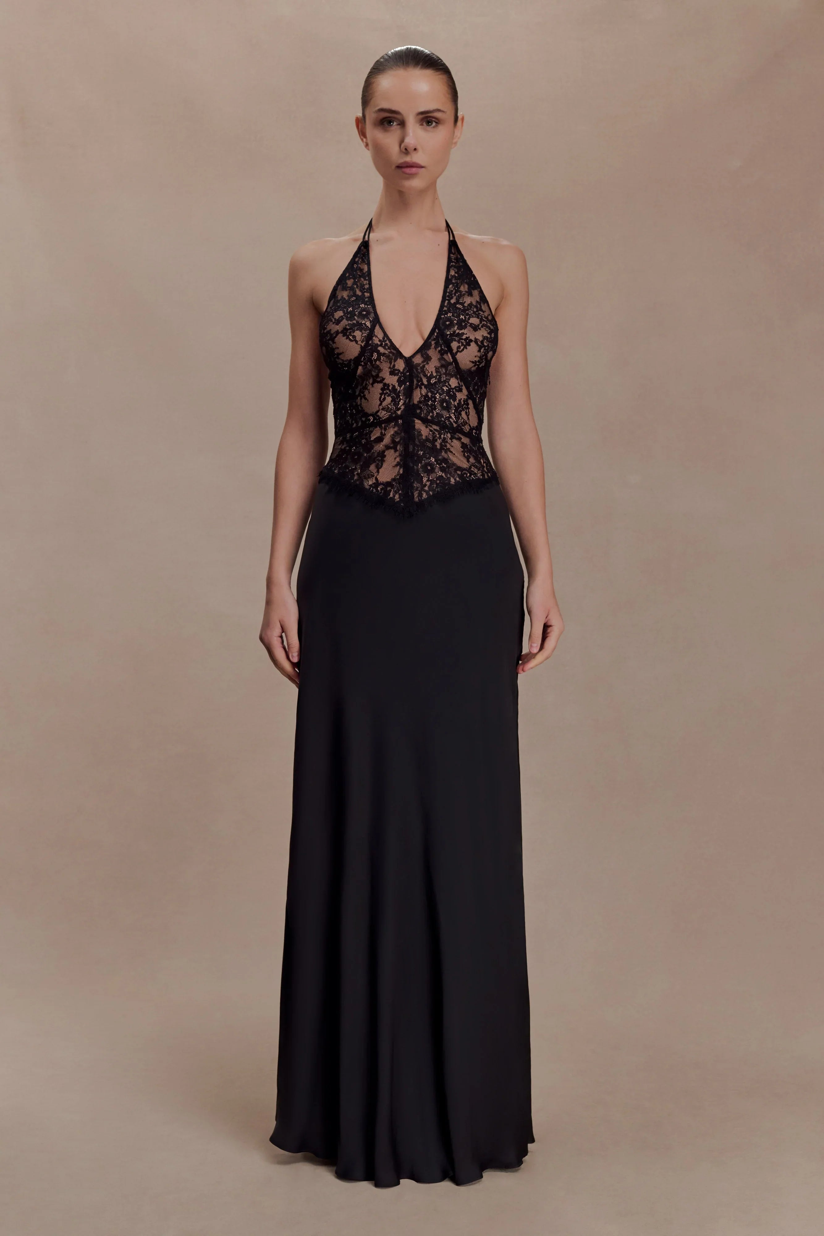 Sascha Lace And Satin Halter Maxi Dress Black