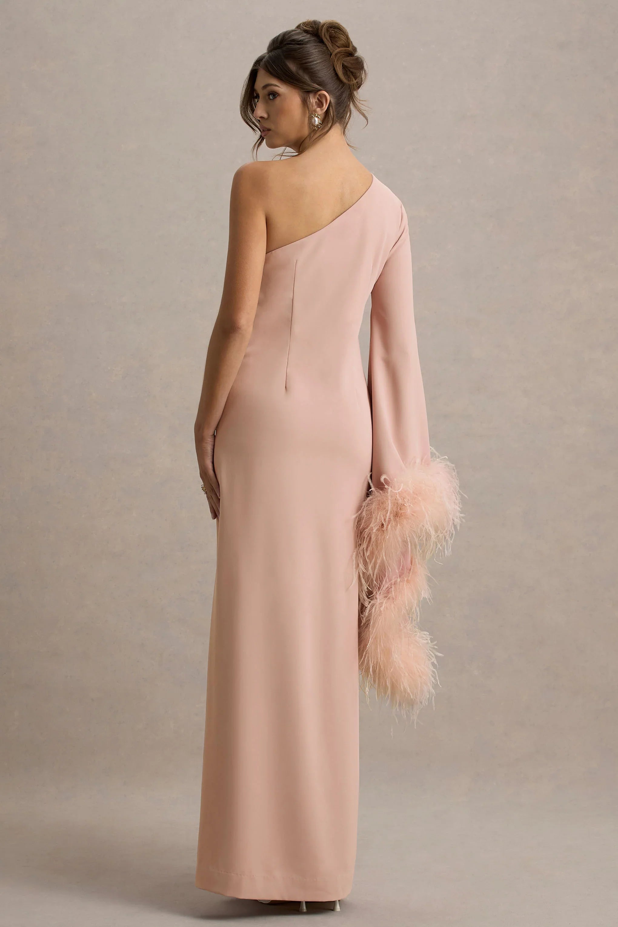 Armina Blush Pink One Shoulder Feather Trim Maxi Dress