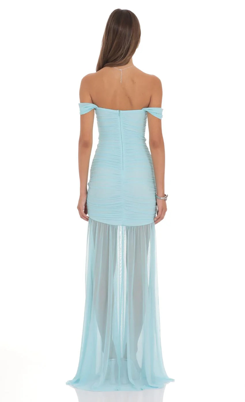 Mesh Off Shoulder Ruched Maxi Dress in Blue