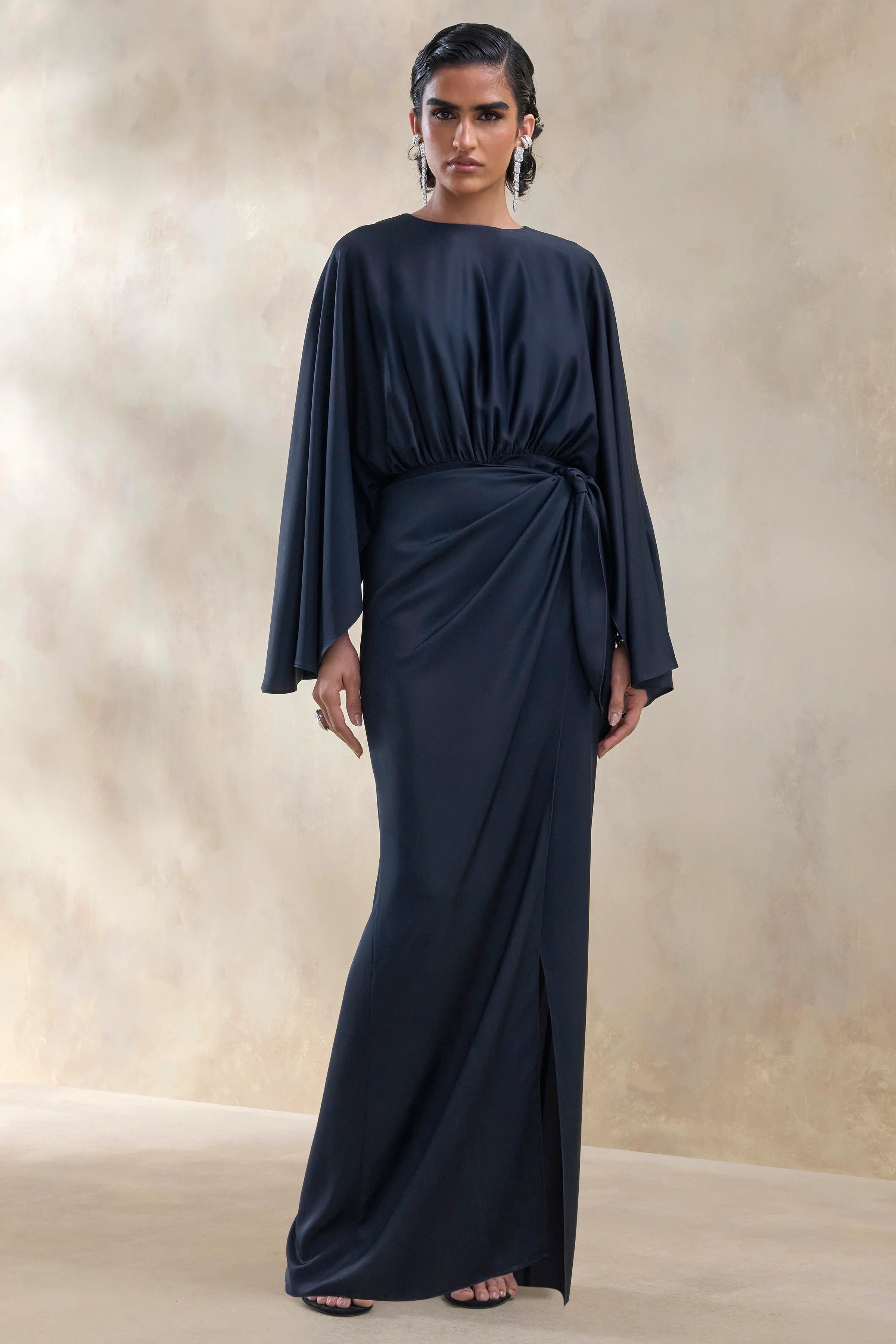 Delphina Navy Satin Maxi Dress With Gathered And Knot Detail
