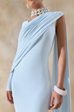 Rubelle Powder Blue Asymmetric Neck Maxi Dress With Draped Detailing